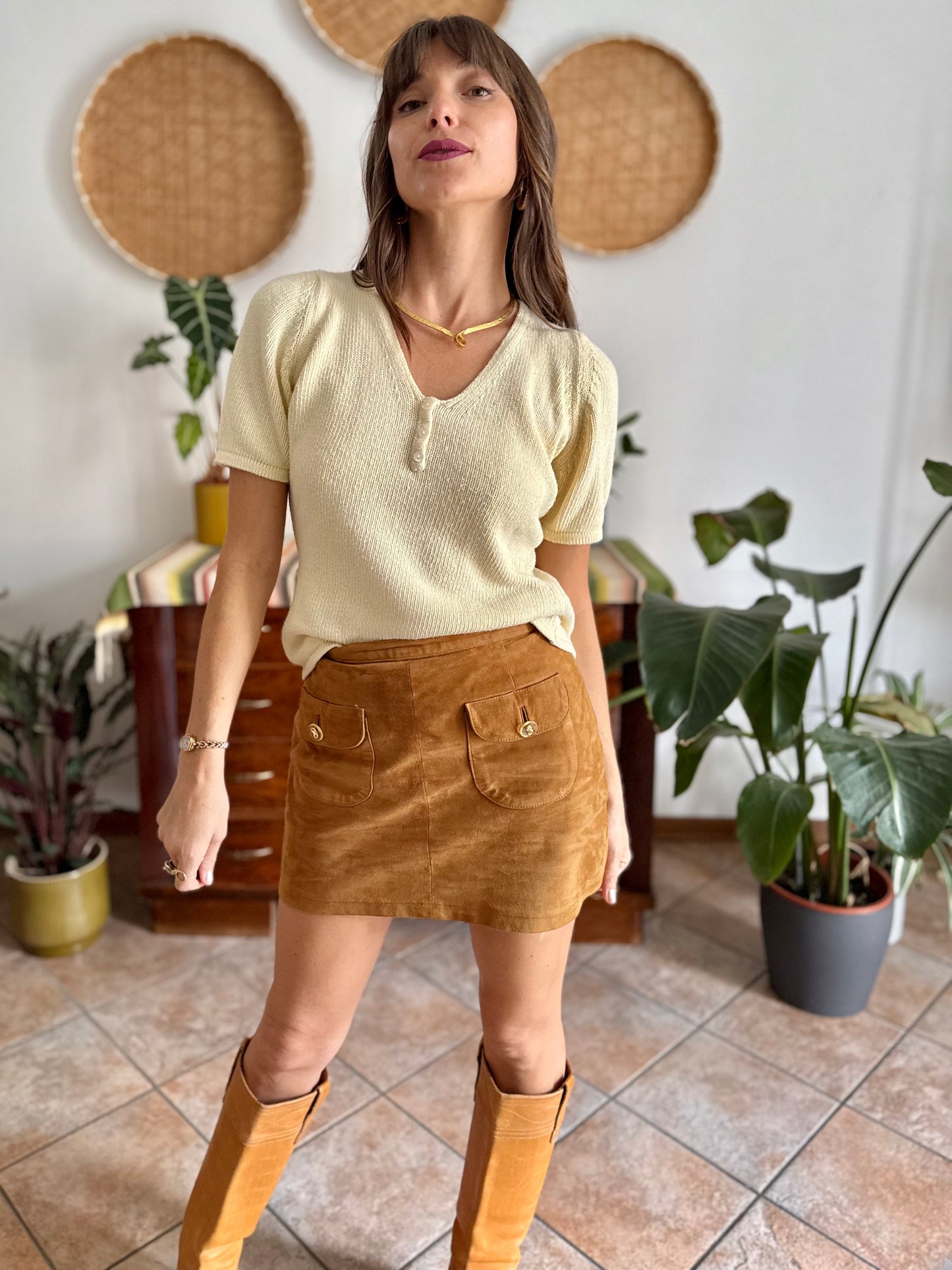 1970's vintage butter yellow knit cotton short sleeve pullover
