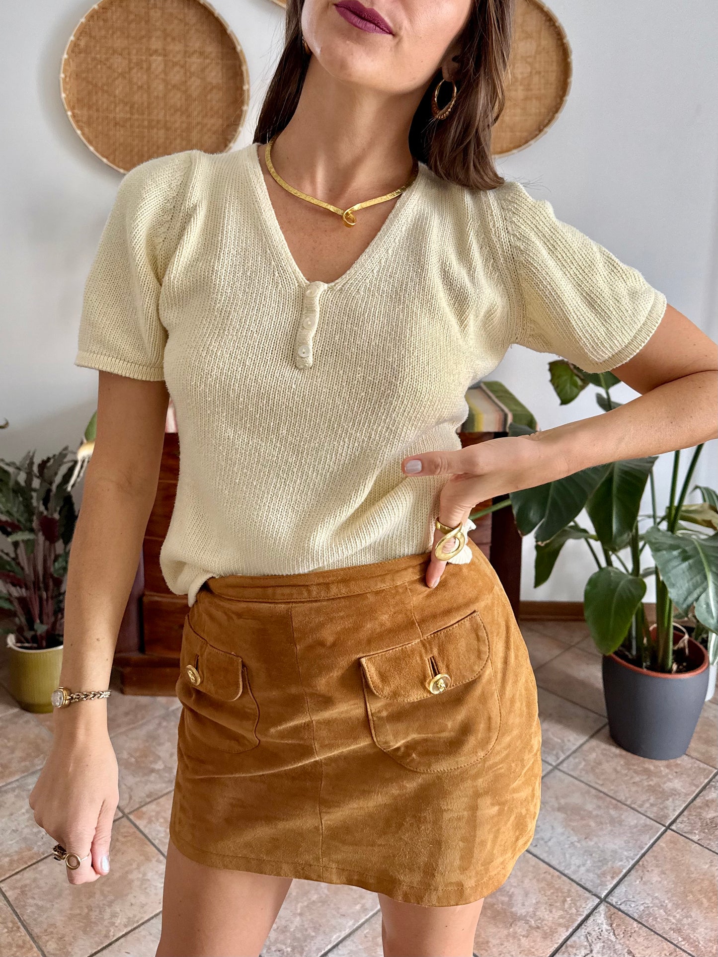 1970's vintage butter yellow knit cotton short sleeve pullover