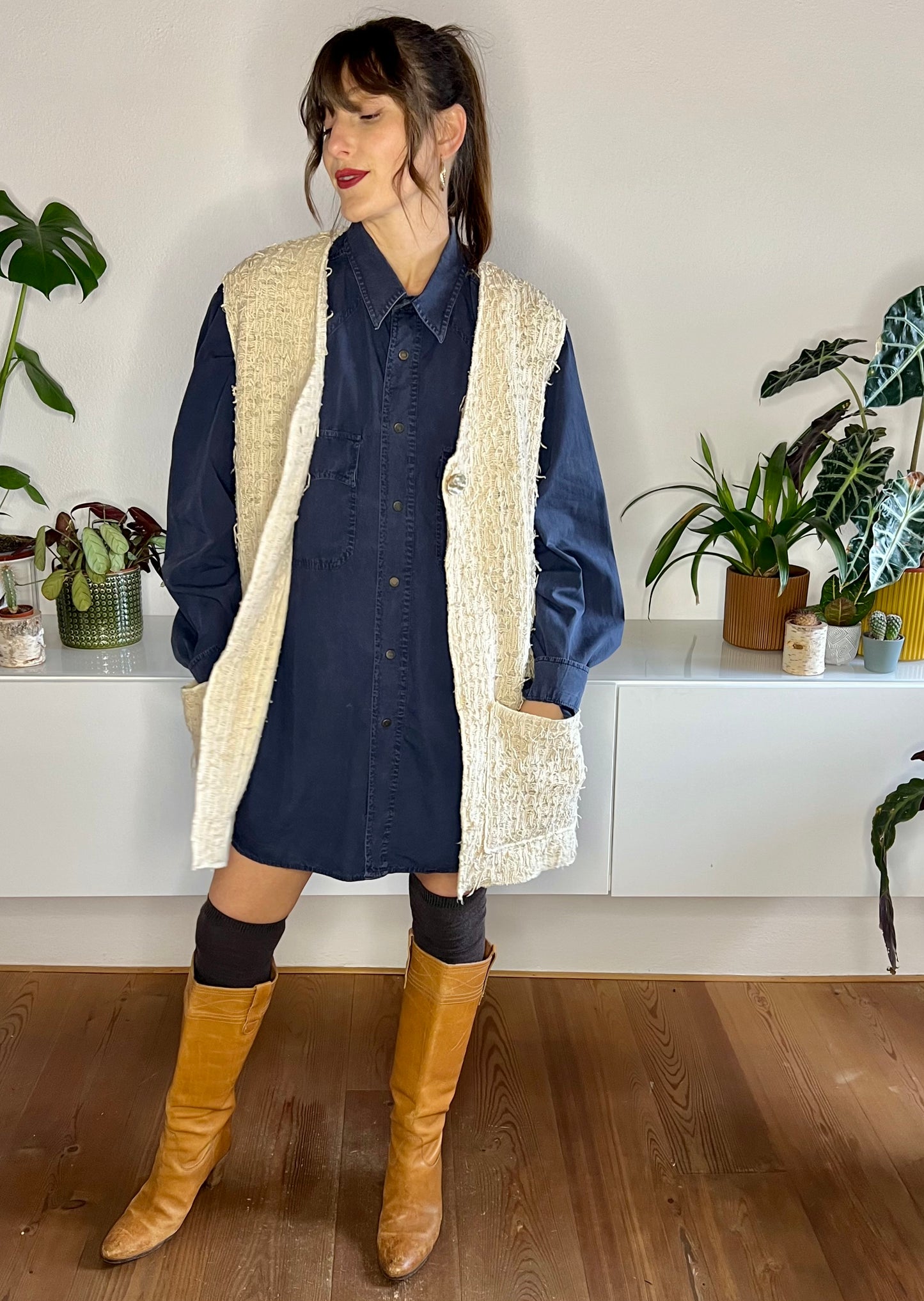 1970's vintage oversize textured knit cream vest with mother of pearl button