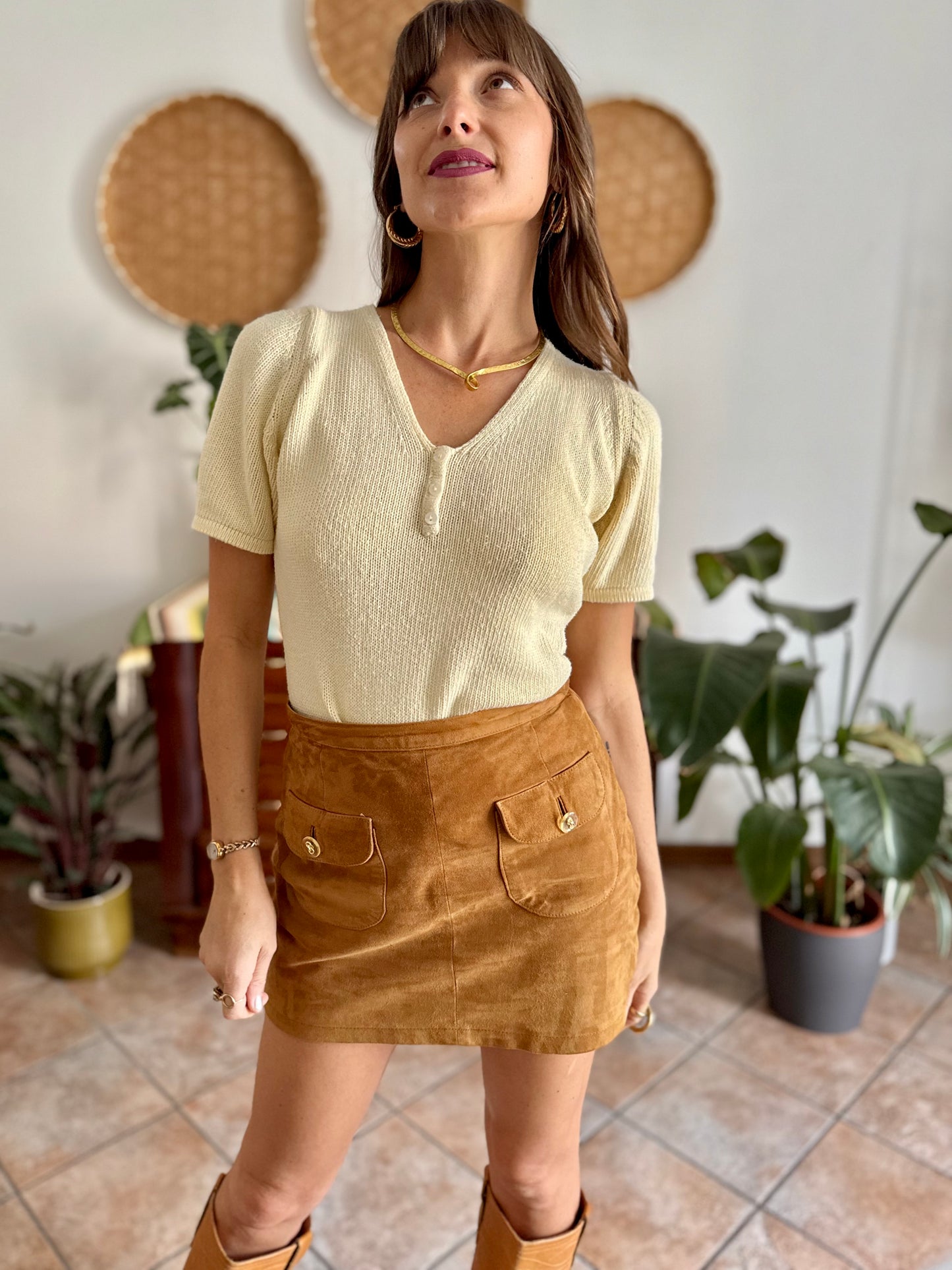 1970's vintage butter yellow knit cotton short sleeve pullover