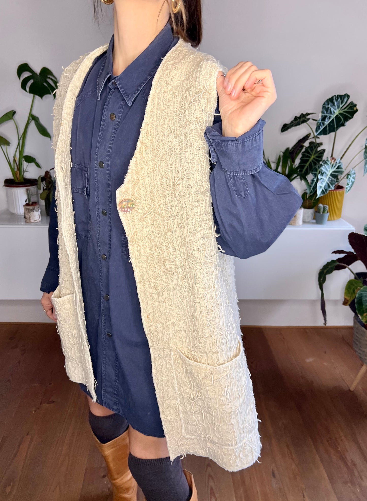 1970's vintage oversize textured knit cream vest with mother of pearl button