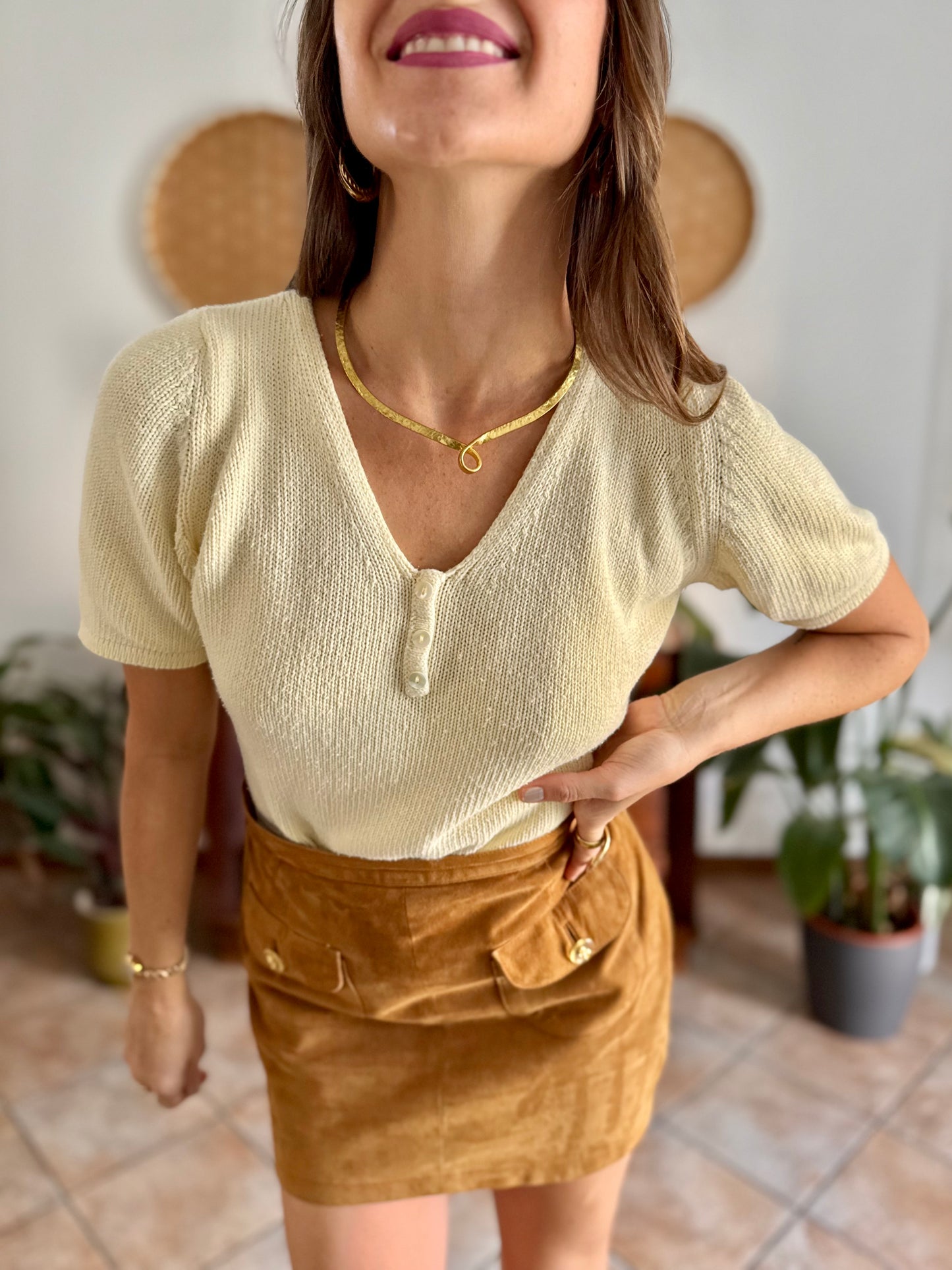 1970's vintage butter yellow knit cotton short sleeve pullover