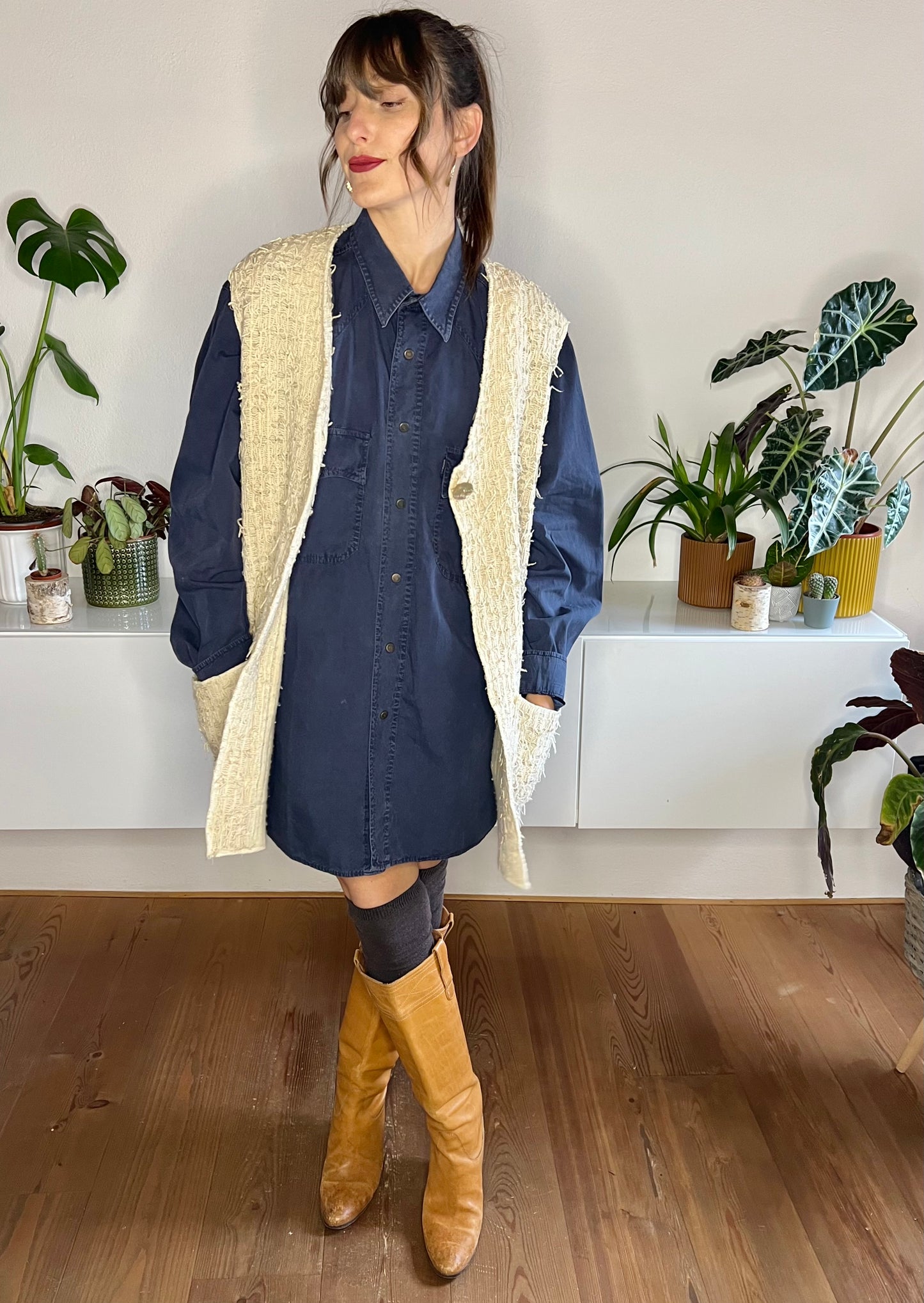 1970's vintage oversize textured knit cream vest with mother of pearl button