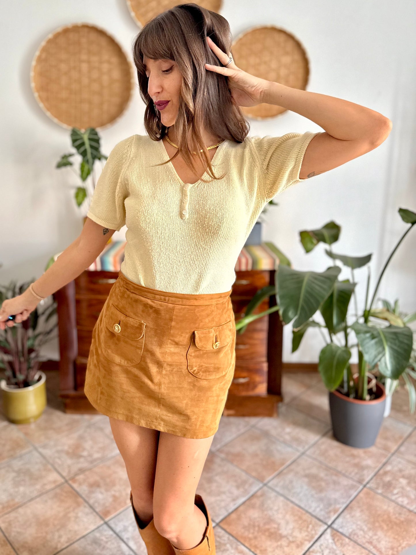 1970's vintage butter yellow knit cotton short sleeve pullover