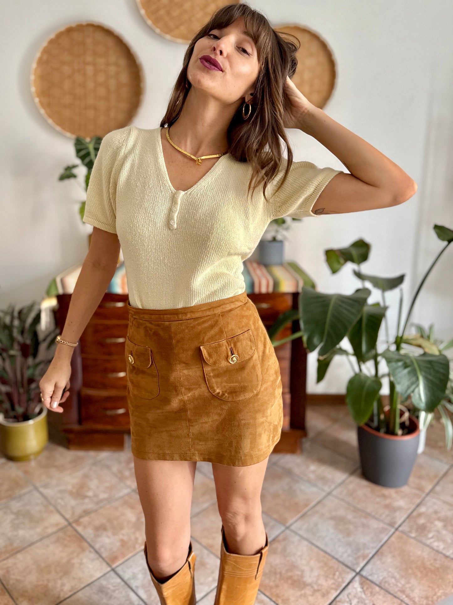 1970's vintage butter yellow knit cotton short sleeve pullover