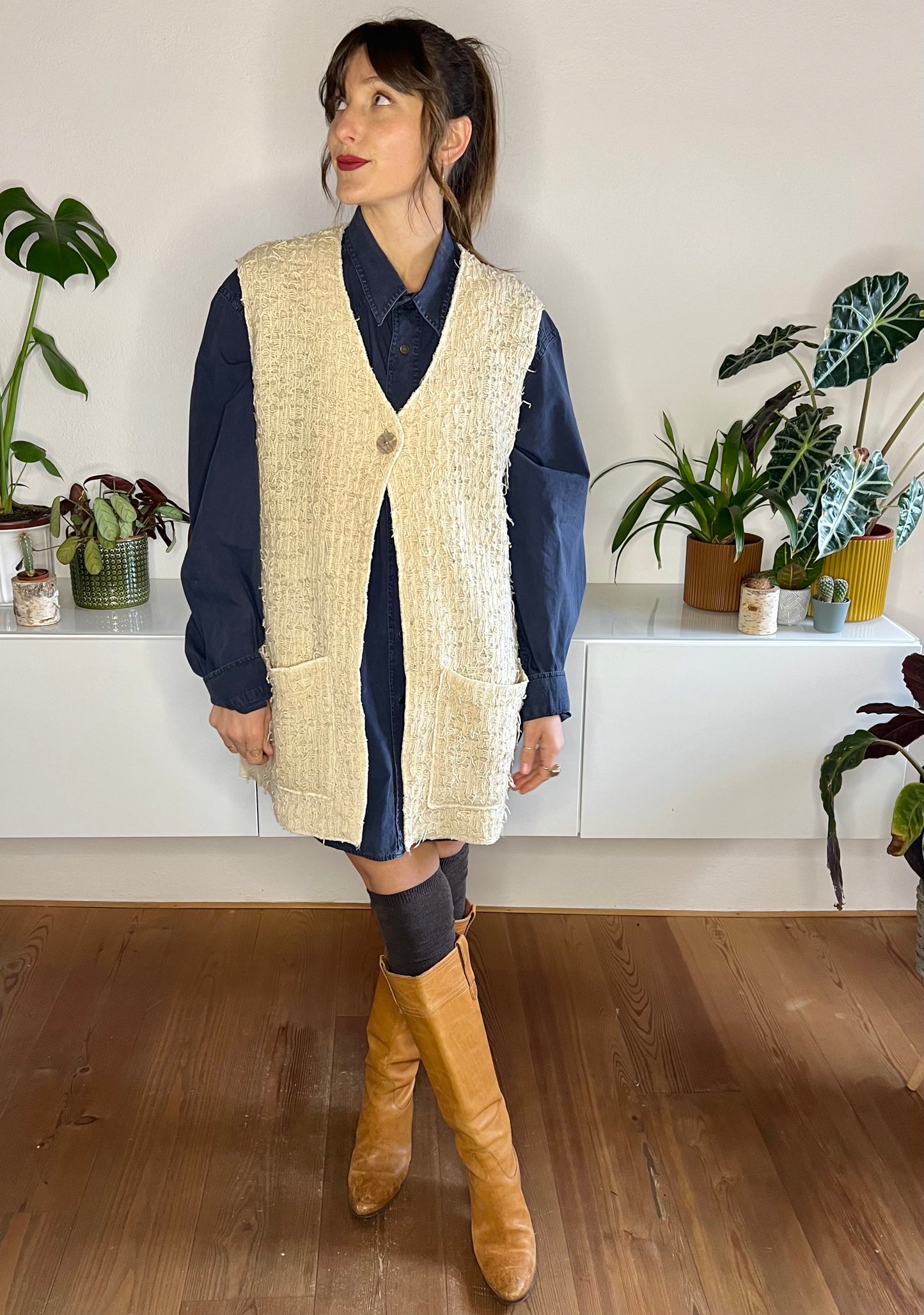 1970's vintage oversize textured knit cream vest with mother of pearl button
