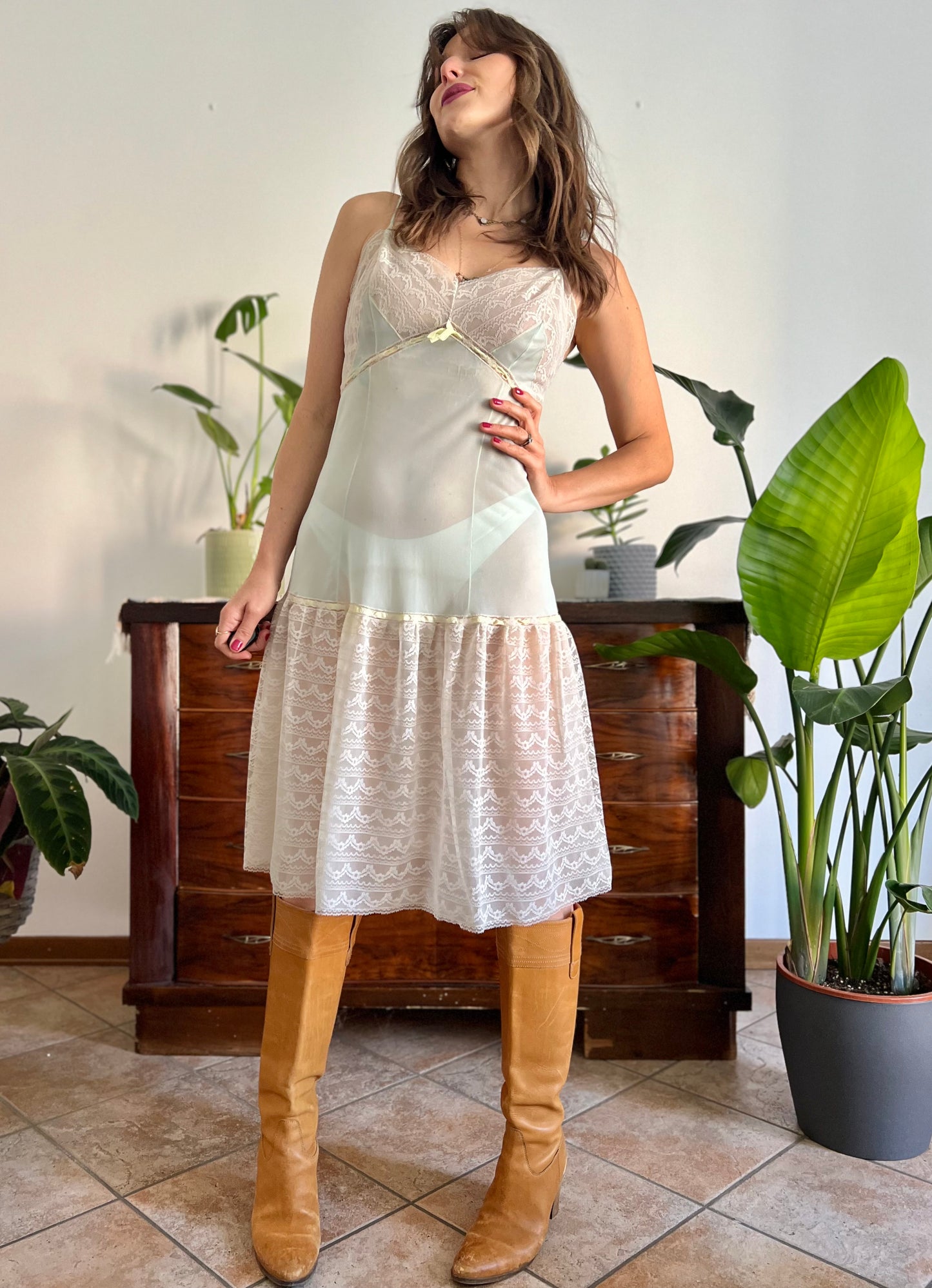 1970's vintage mint green and cream slip dress with lace details