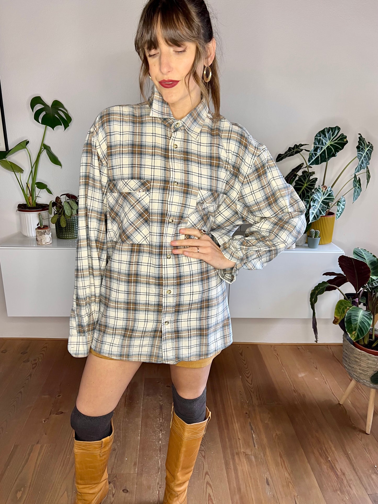 1990's vintage cream, brown and blue oversize plaid flannel shirt