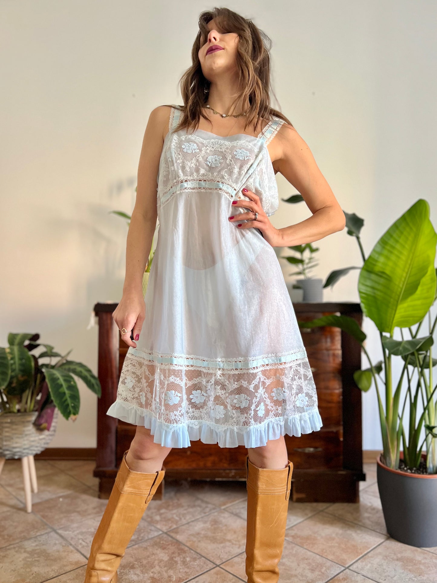 1960's vintage iridescent sheer slip dress with cream lace detailing