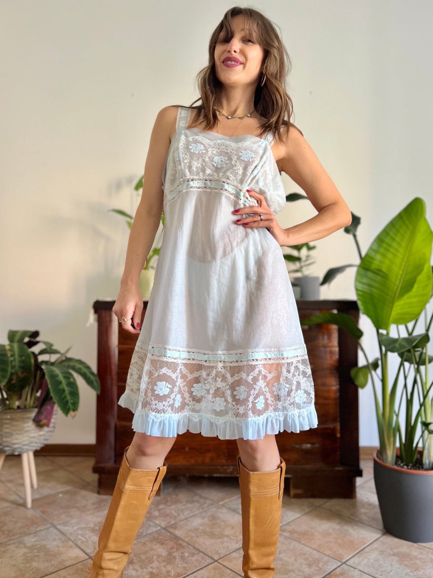 1960's vintage iridescent sheer slip dress with cream lace detailing