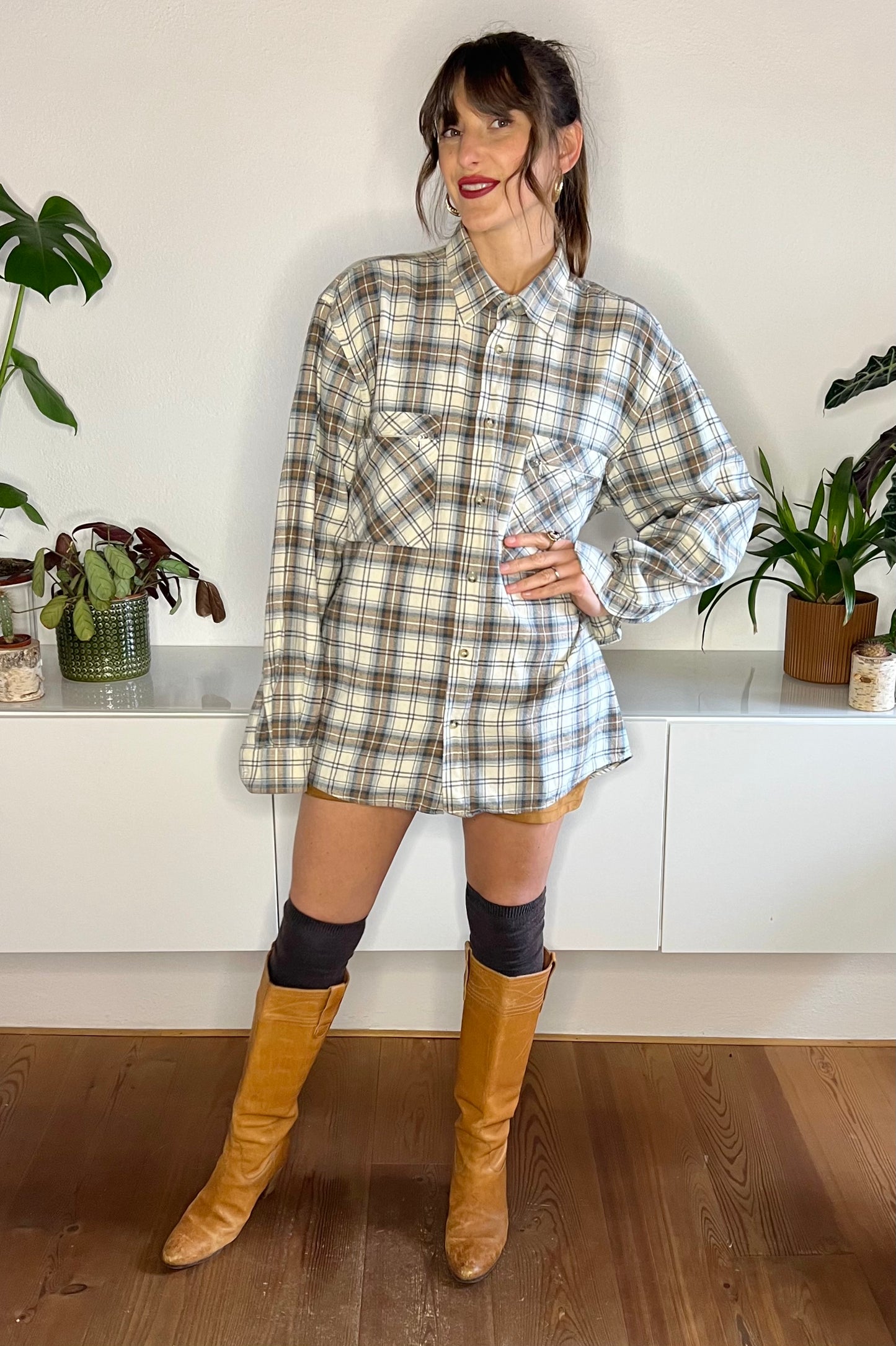 1990's vintage cream, brown and blue oversize plaid flannel shirt