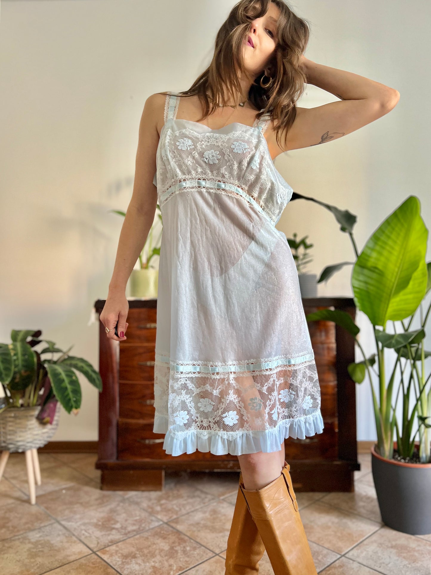 1960's vintage iridescent sheer slip dress with cream lace detailing