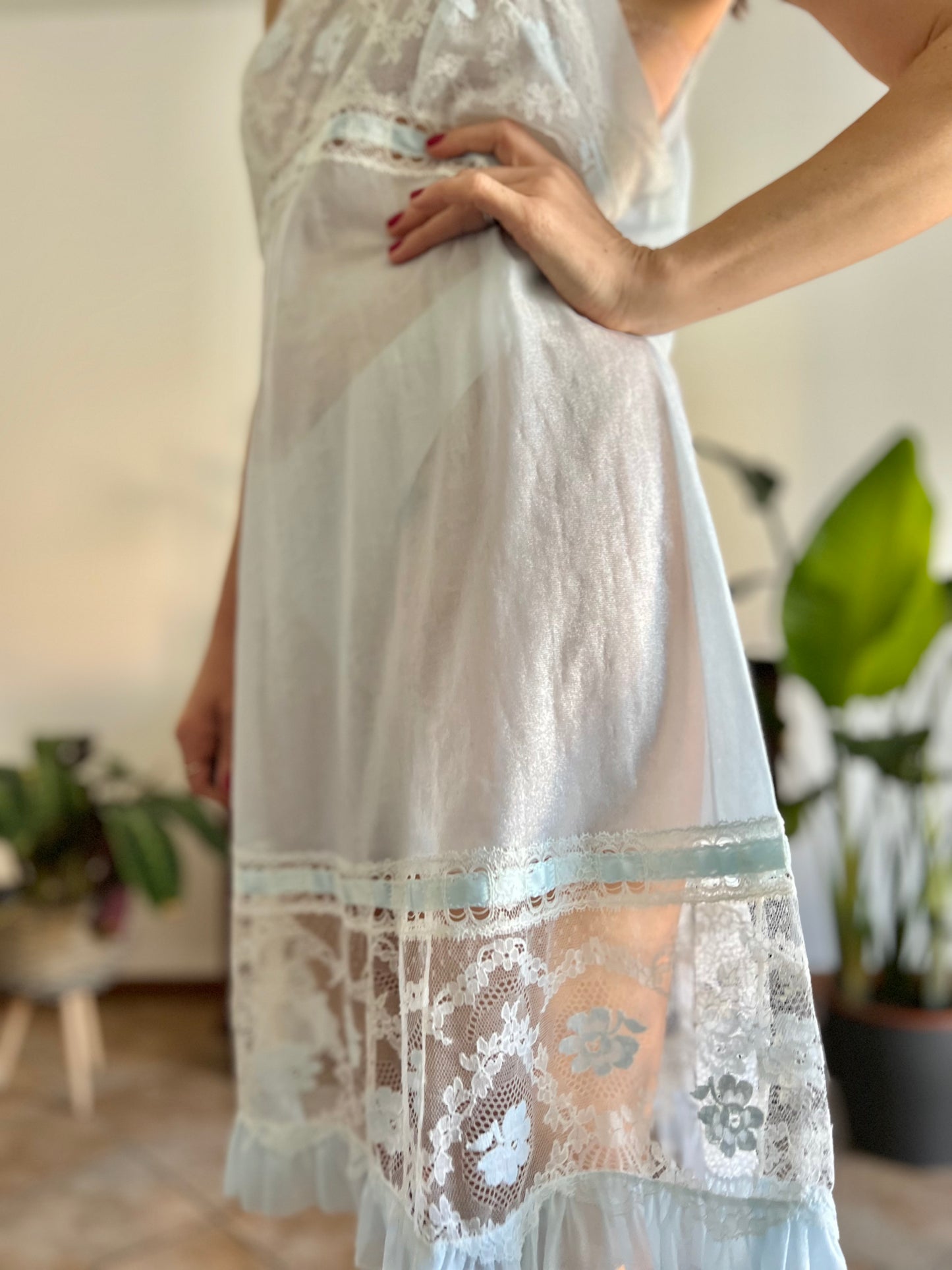 1960's vintage iridescent sheer slip dress with cream lace detailing