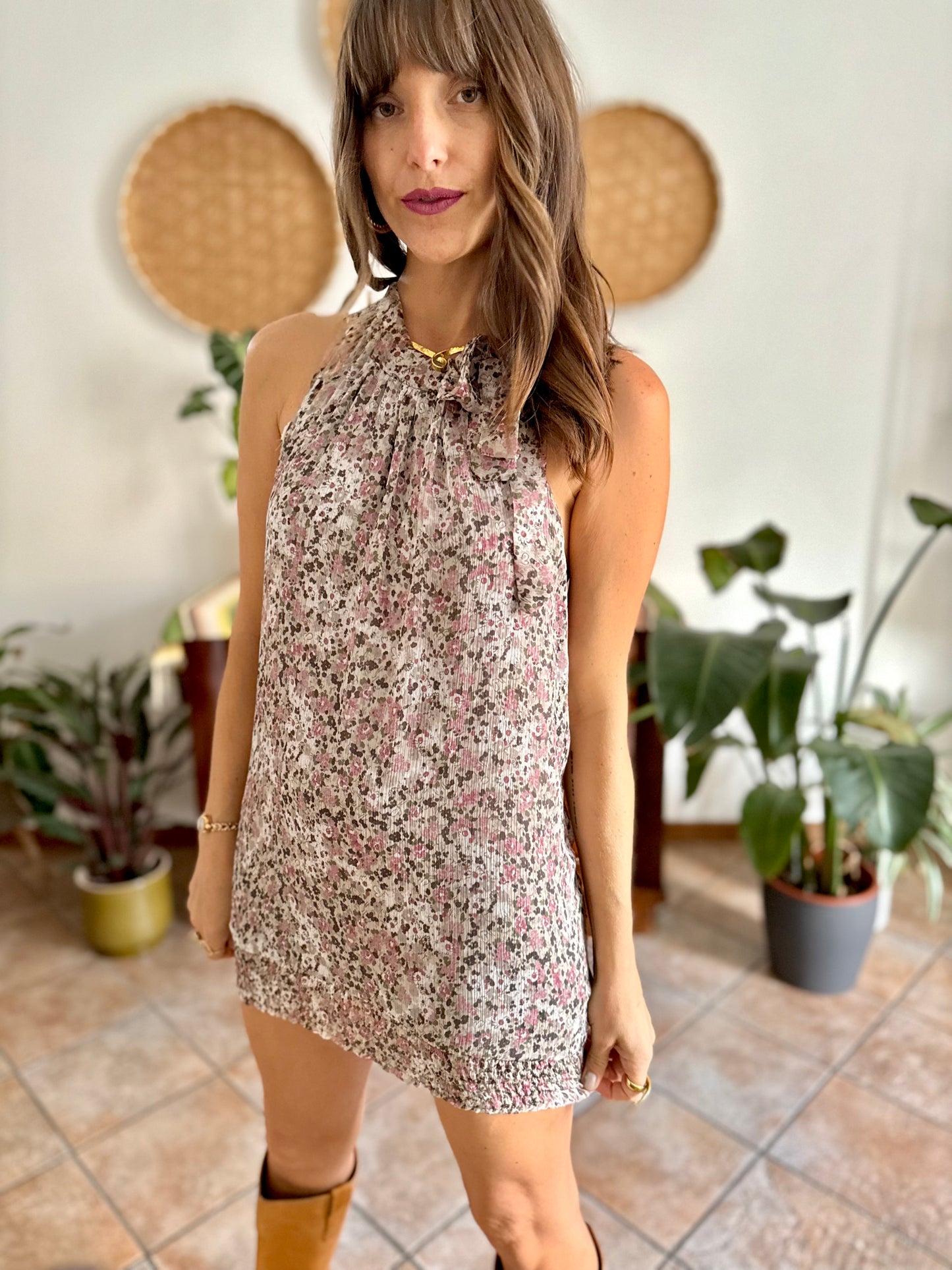 Y2k vintage grey micro mini dress with purple floral print