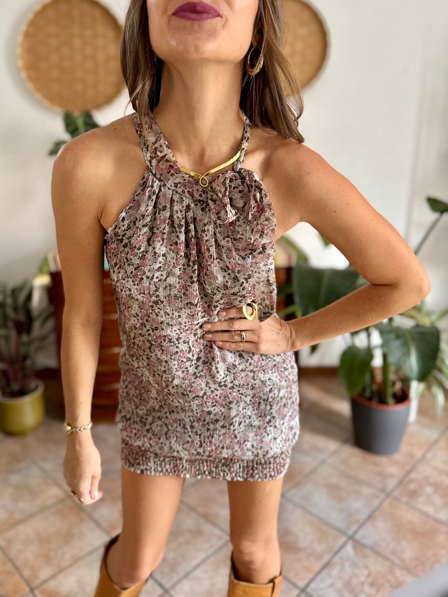 Y2k vintage grey micro mini dress with purple floral print