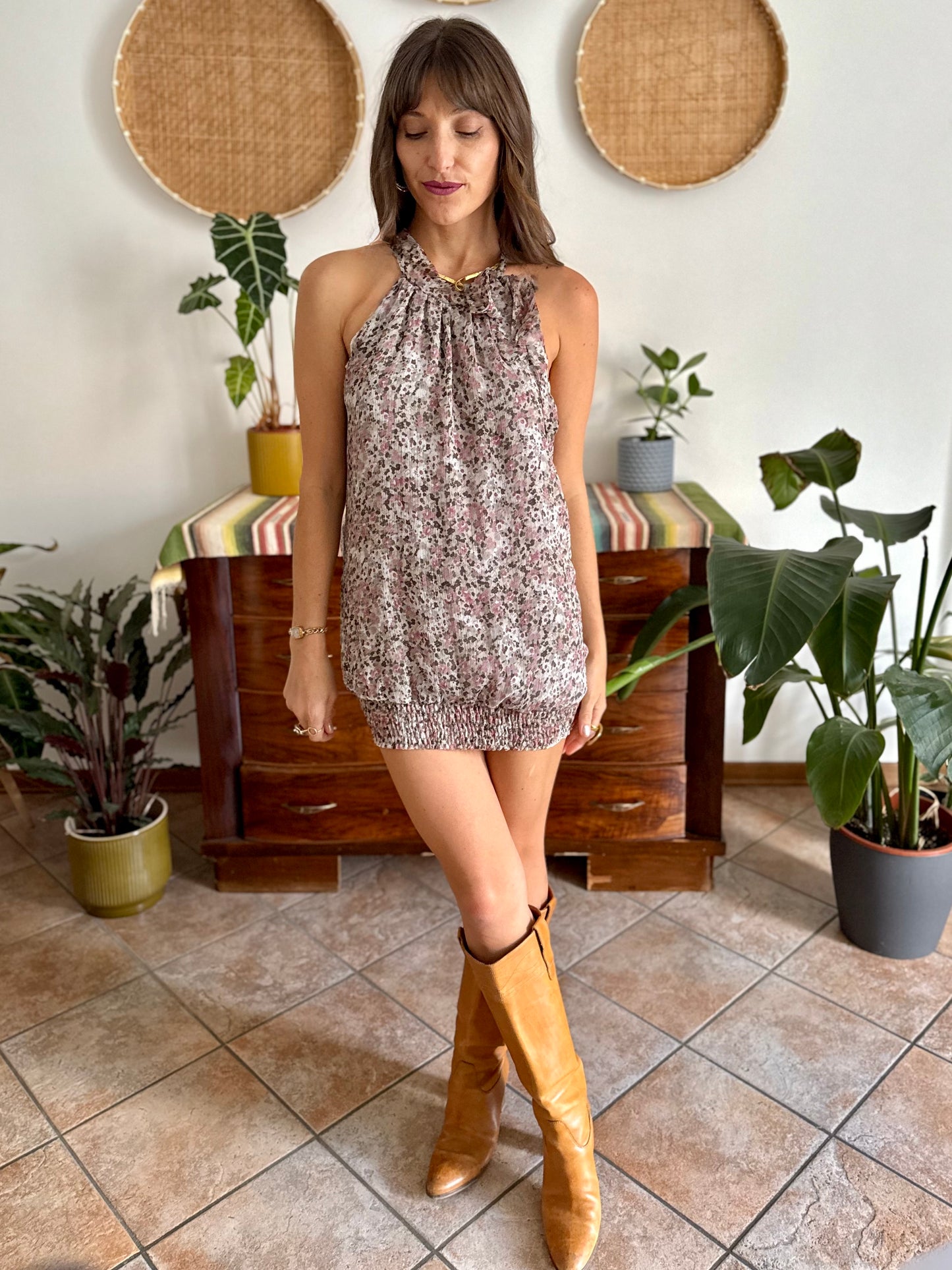 Y2k vintage grey micro mini dress with purple floral print