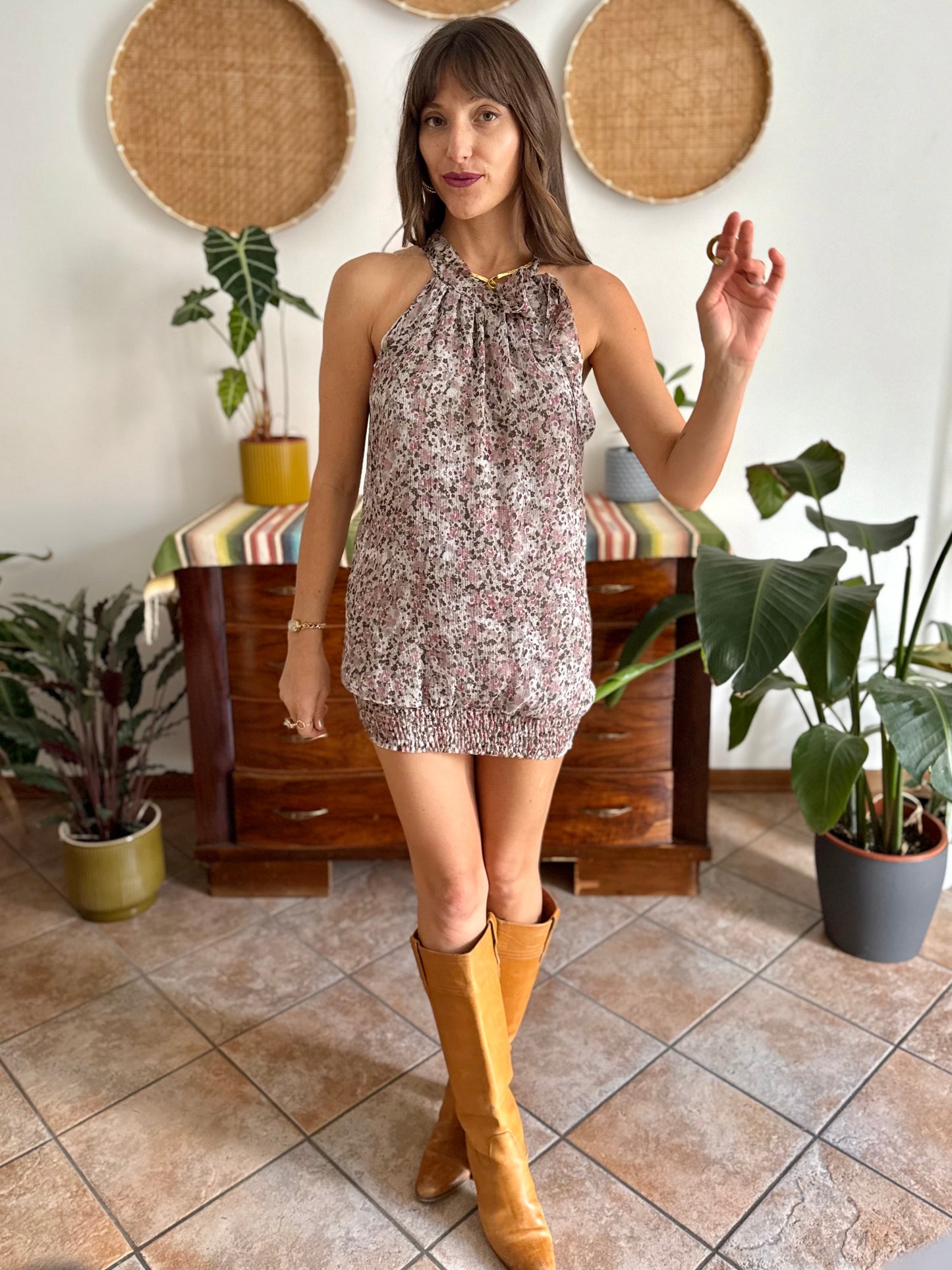 Y2k vintage grey micro mini dress with purple floral print