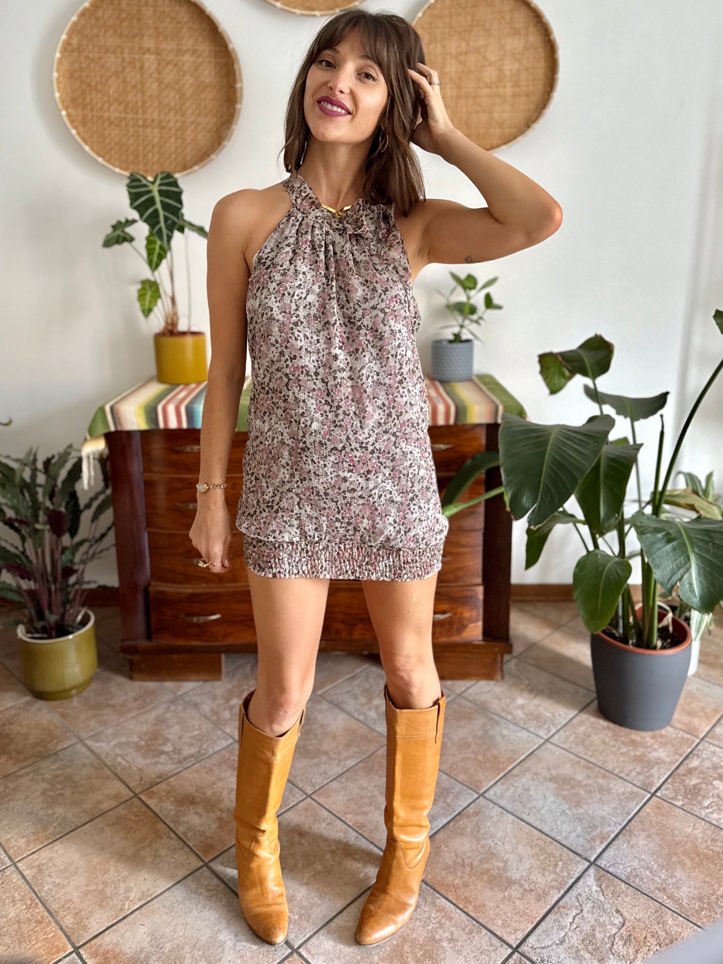 Y2k vintage grey micro mini dress with purple floral print