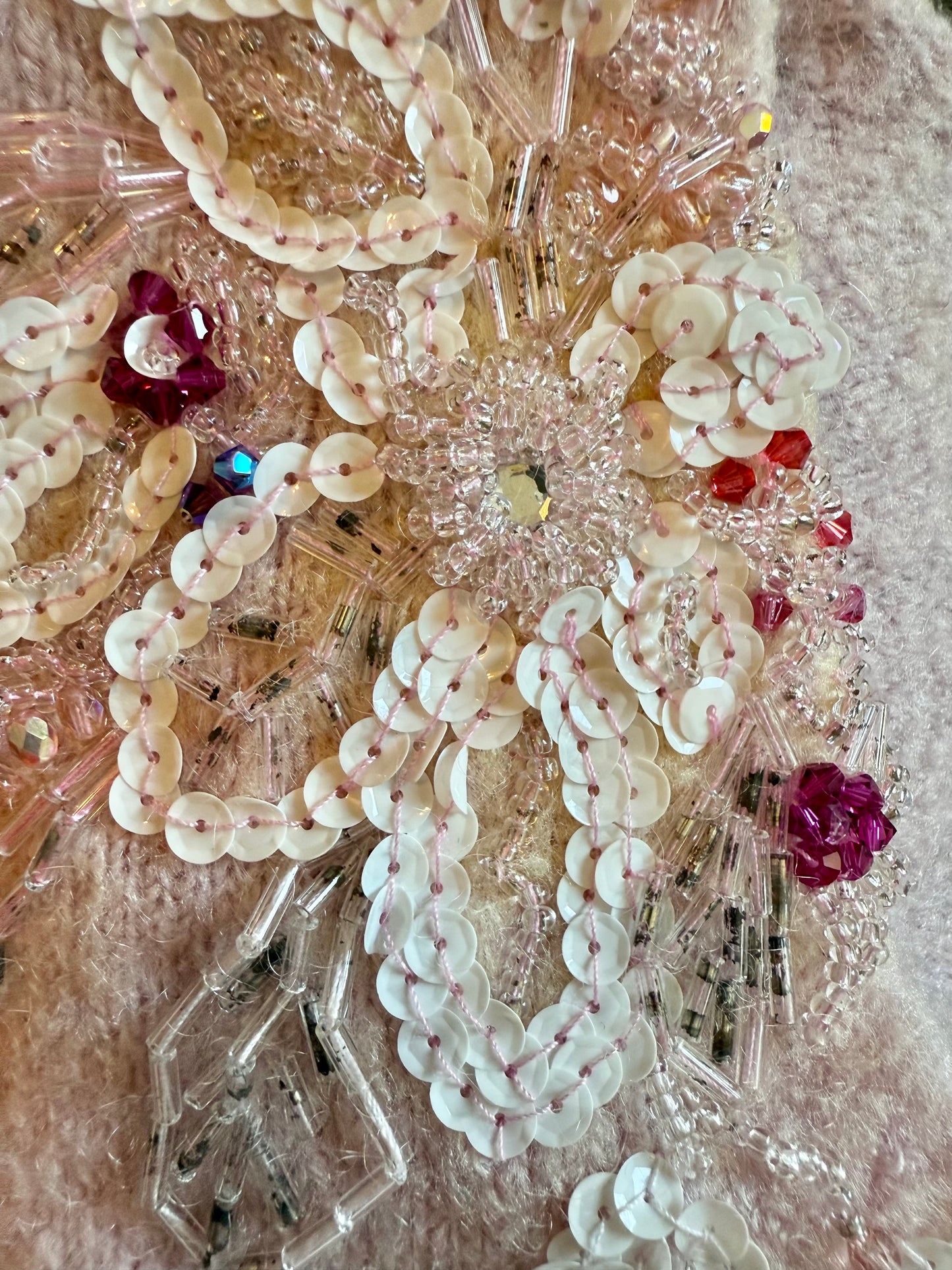 1990's vintage mohair blend powder pink knit pullover with glass bead and sequin floral details