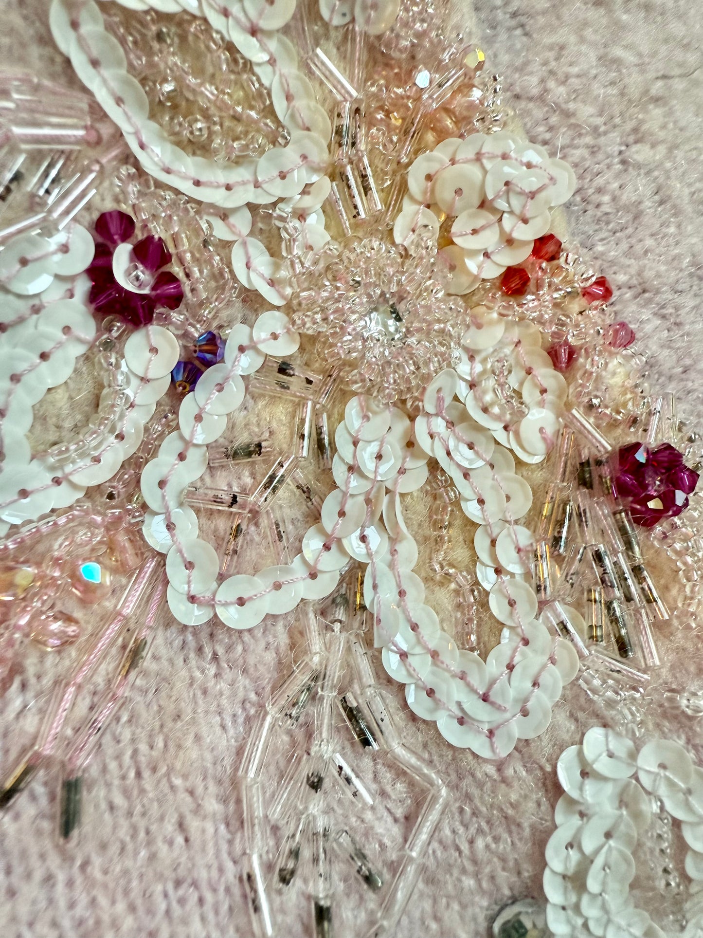 1990's vintage mohair blend powder pink knit pullover with glass bead and sequin floral details