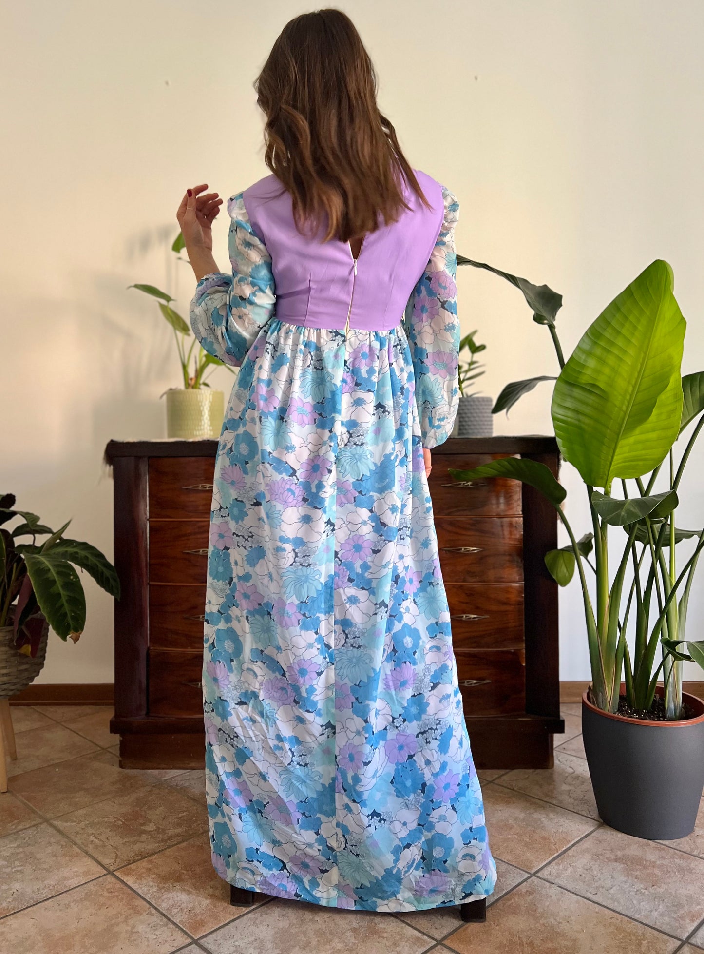 1970's vintage light blue and lilac floral print maxi dress