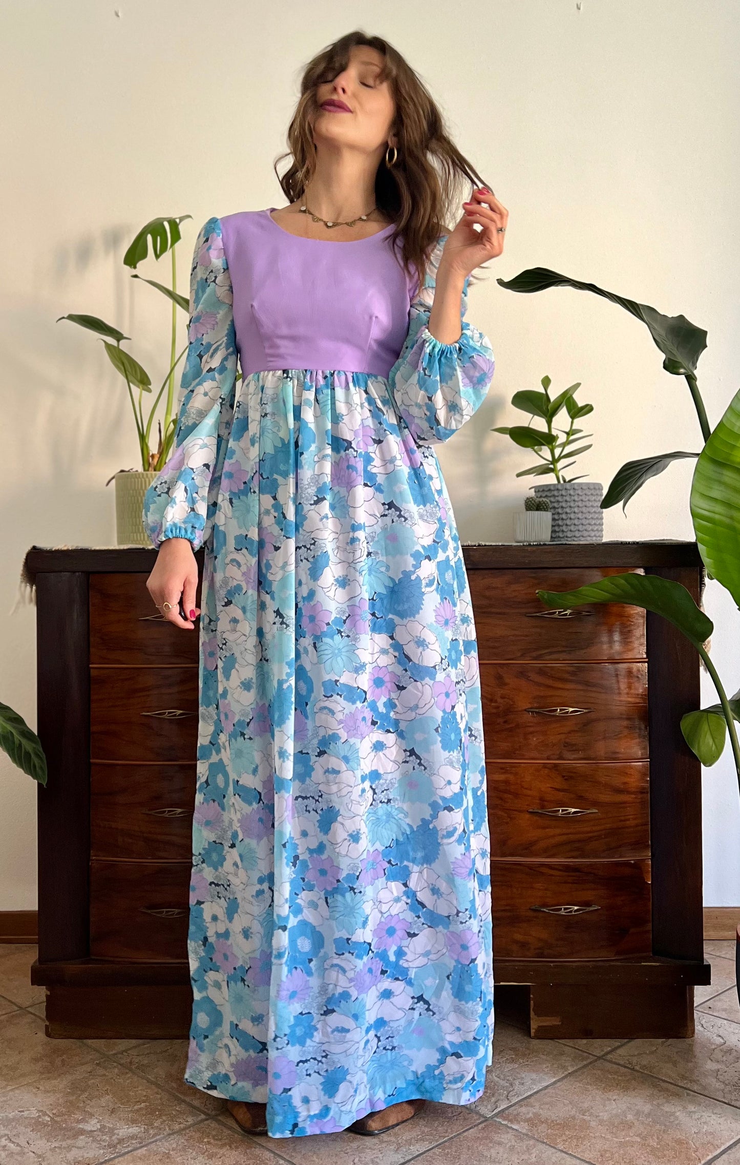 1970's vintage light blue and lilac floral print maxi dress
