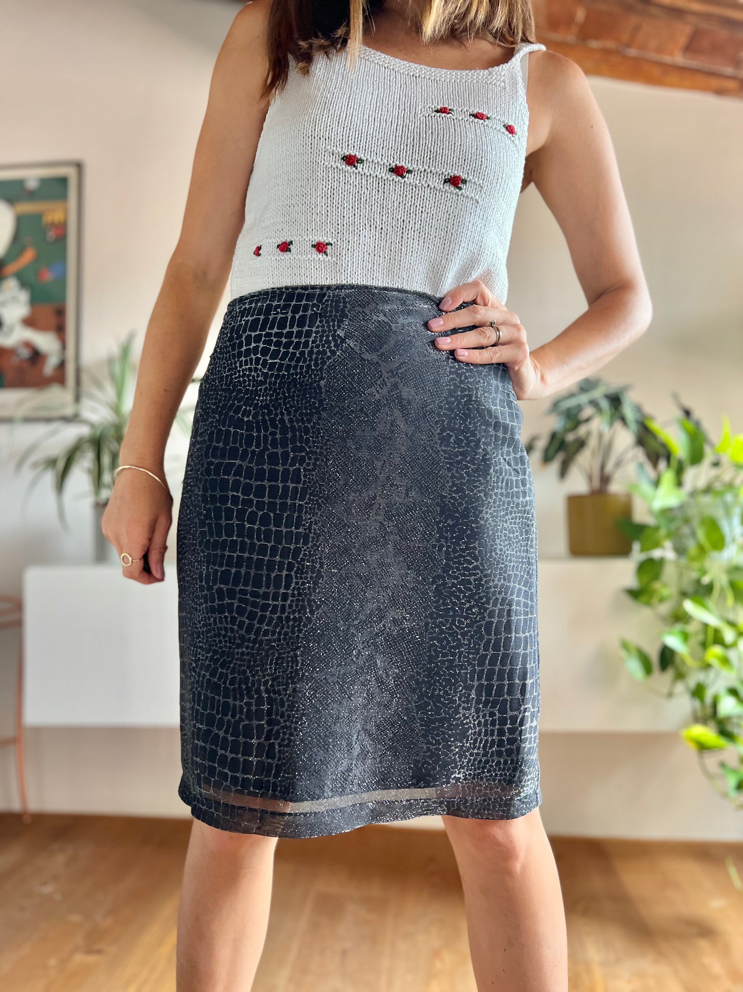 1970's vintage black and silver reptile print mini skirt