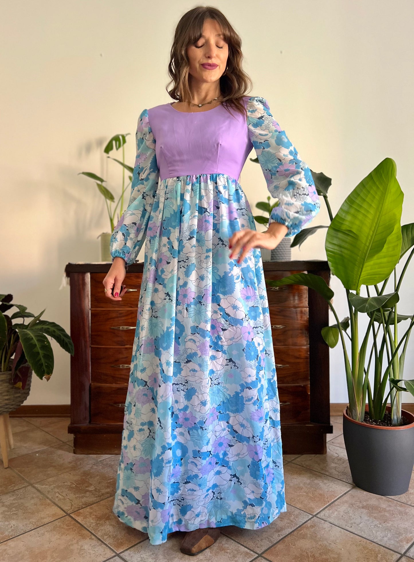 1970's vintage light blue and lilac floral print maxi dress