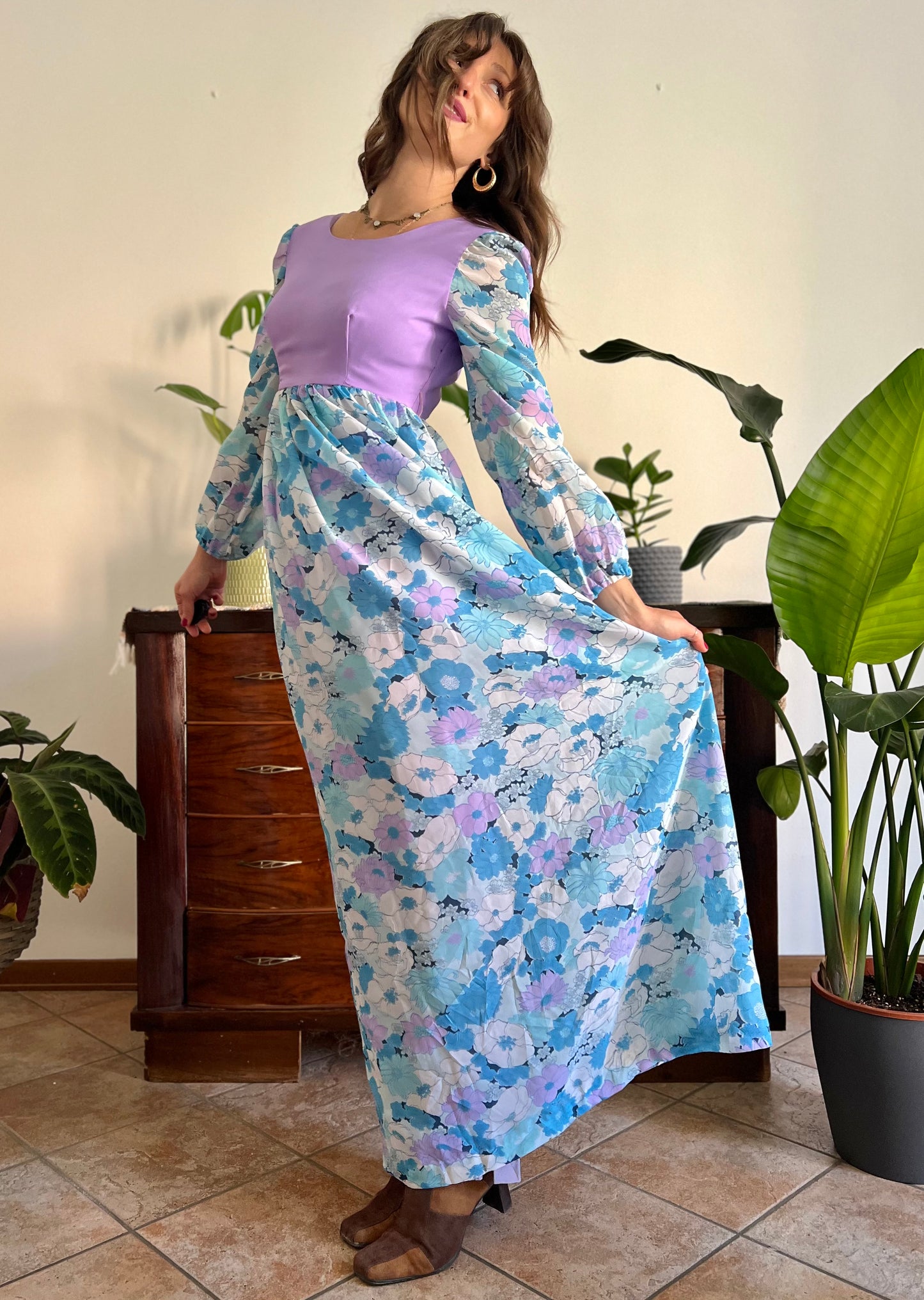 1970's vintage light blue and lilac floral print maxi dress