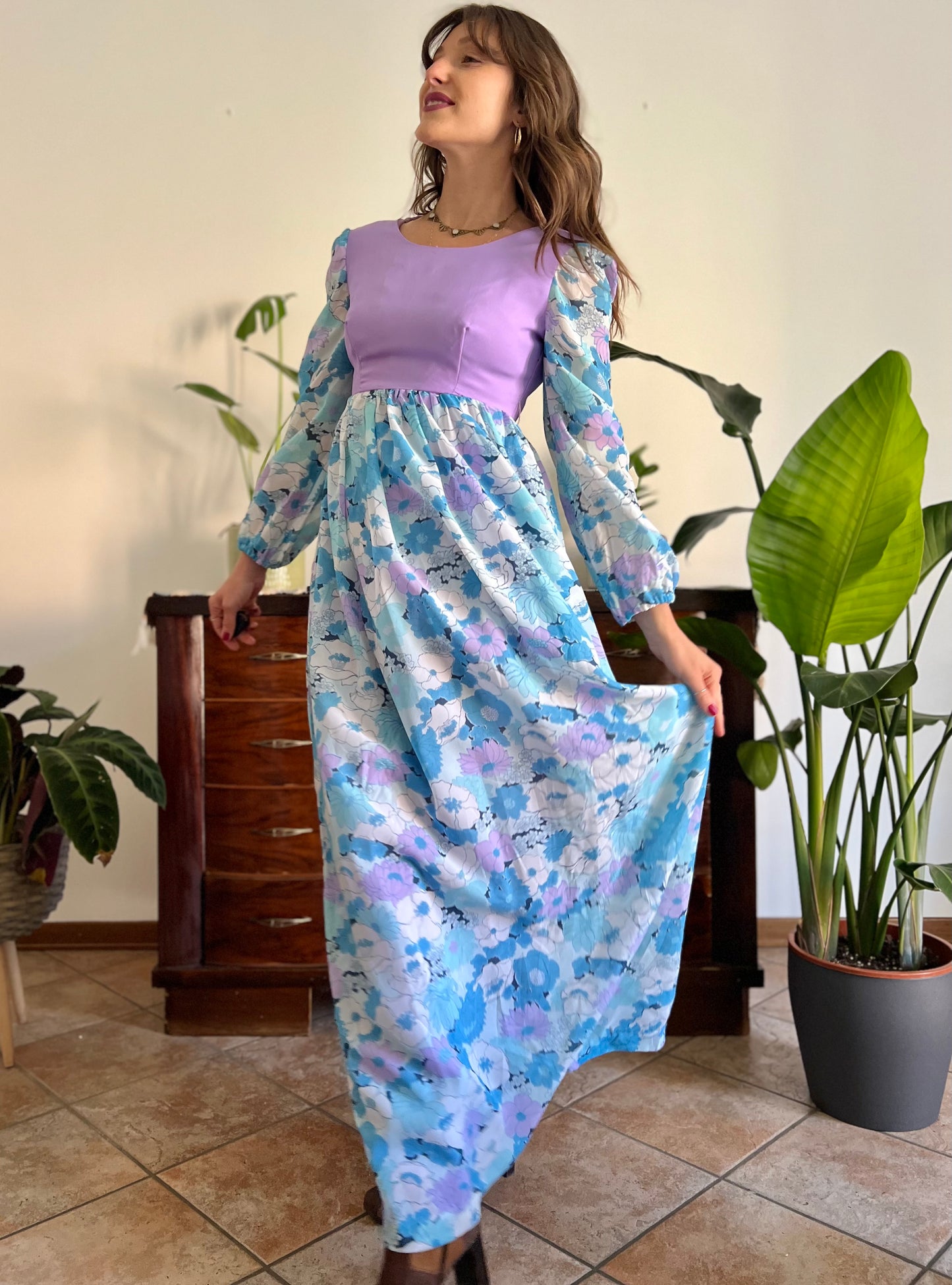 1970's vintage light blue and lilac floral print maxi dress