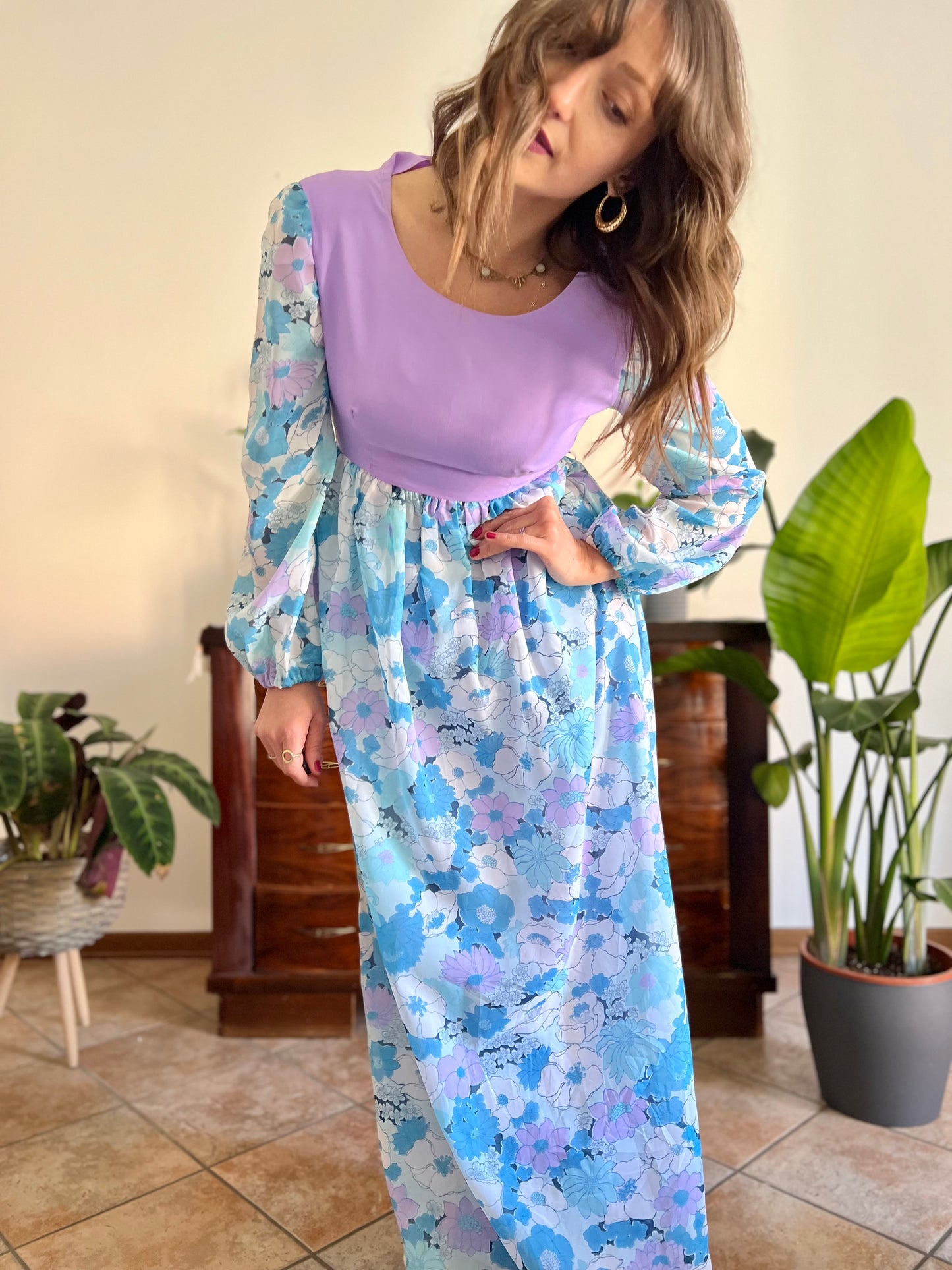 1970's vintage light blue and lilac floral print maxi dress