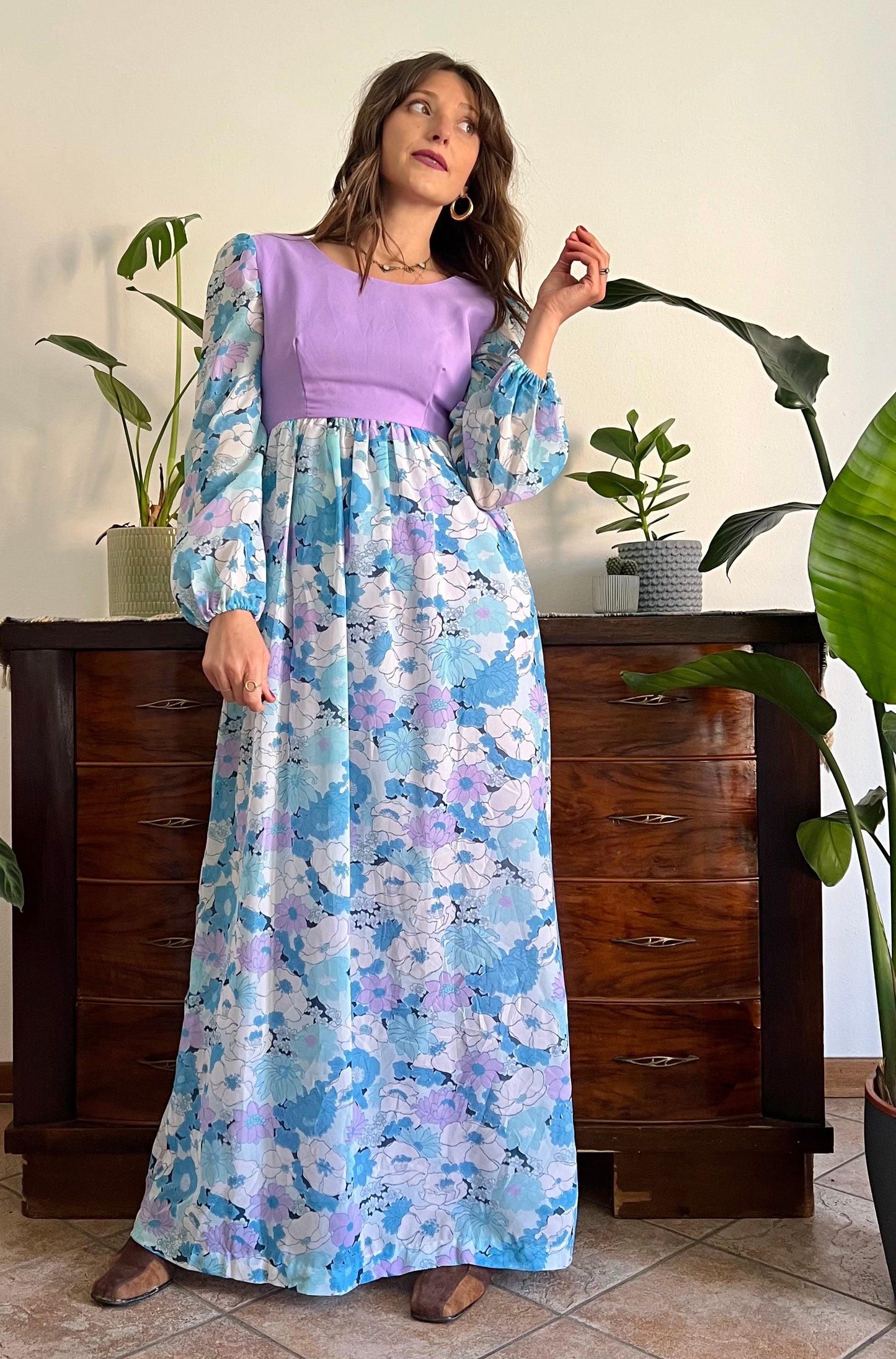 1970's vintage light blue and lilac floral print maxi dress