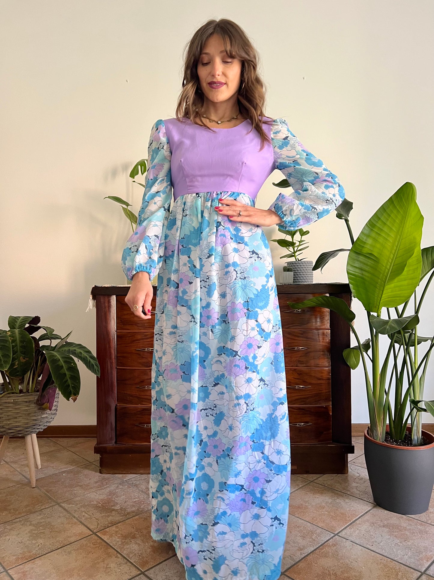 1970's vintage light blue and lilac floral print maxi dress