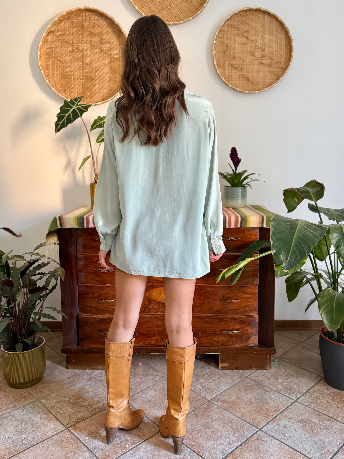 1970's vintage mint green silk blouse with mother of pearl buttons