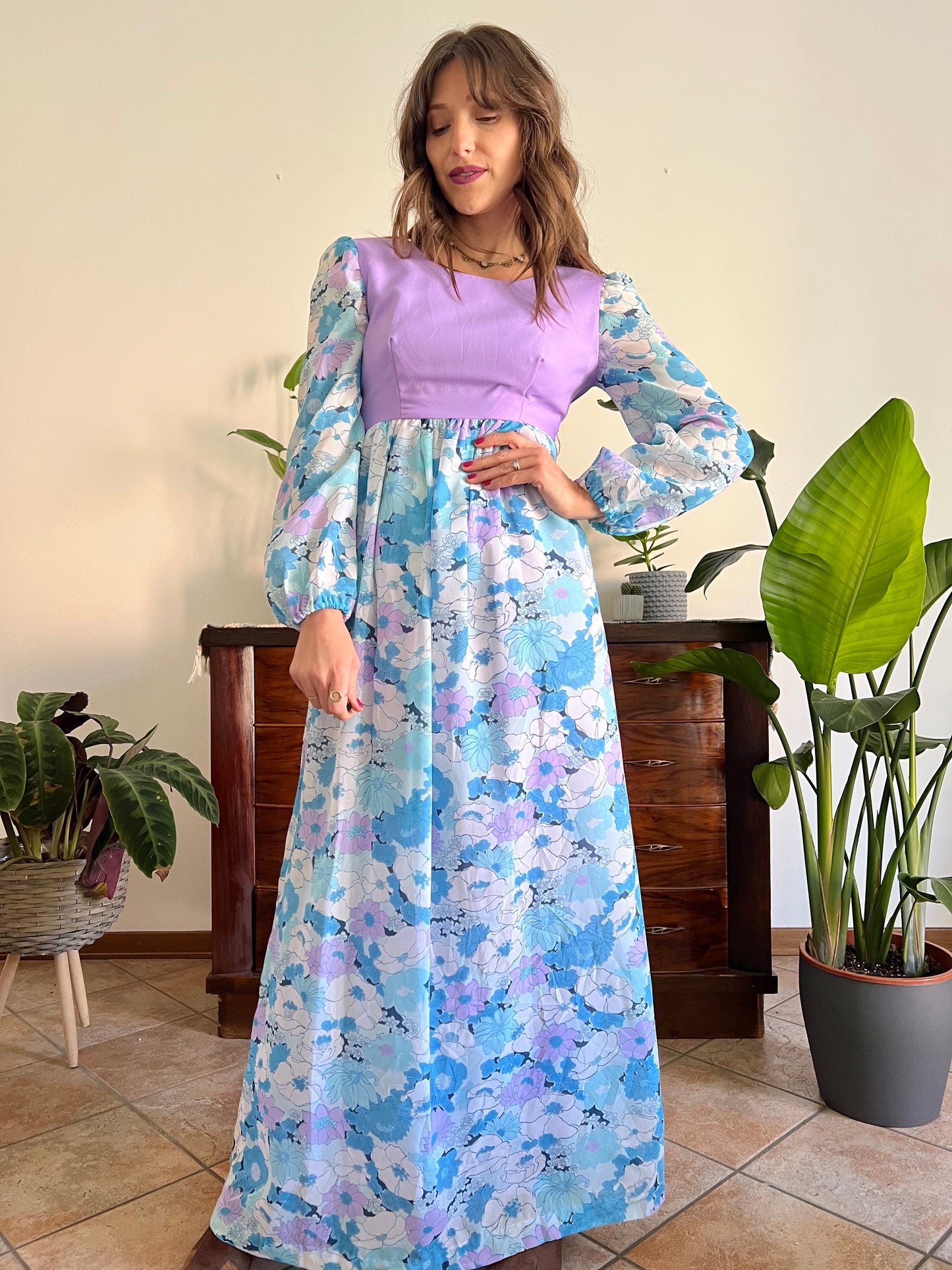 1970's vintage light blue and lilac floral print maxi dress