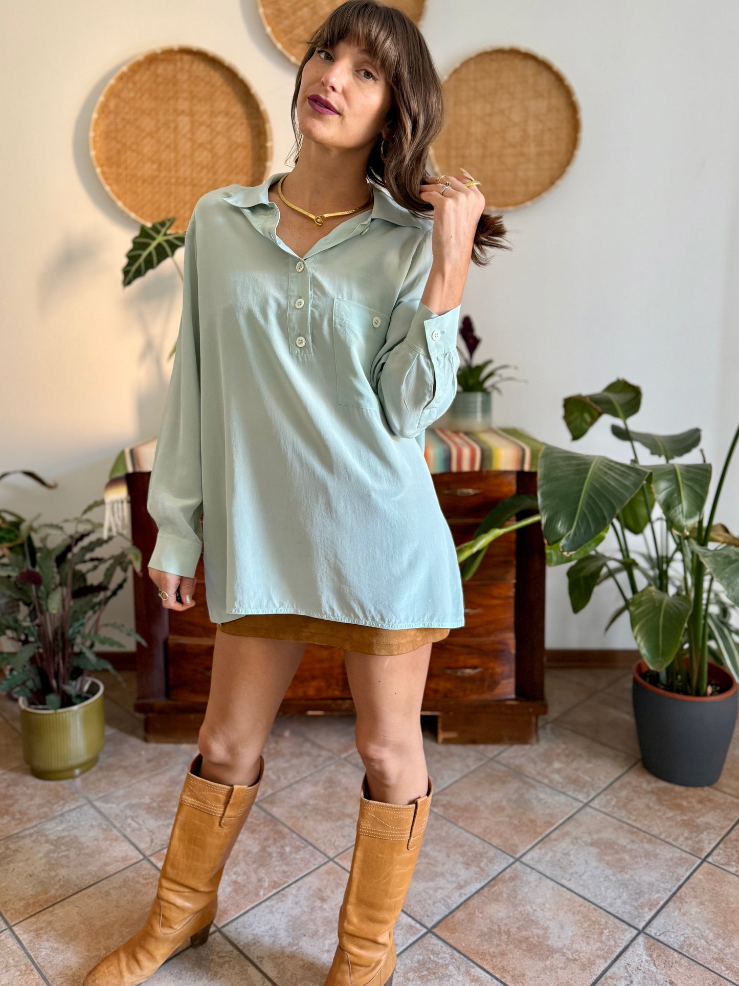1970's vintage mint green silk blouse with mother of pearl buttons