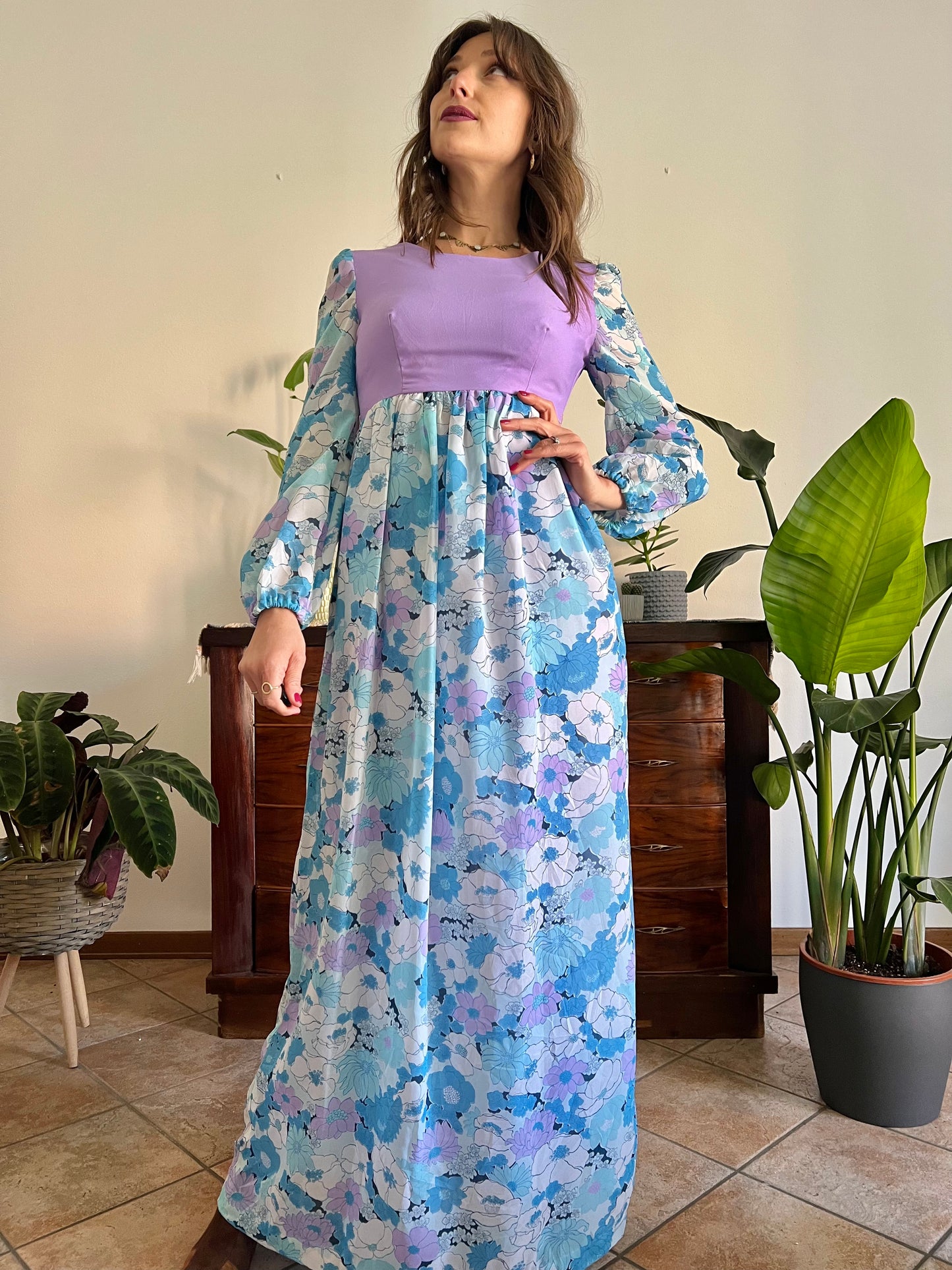 1970's vintage light blue and lilac floral print maxi dress