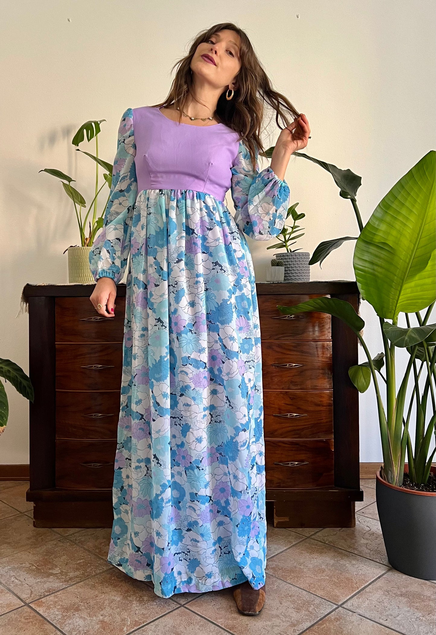 1970's vintage light blue and lilac floral print maxi dress