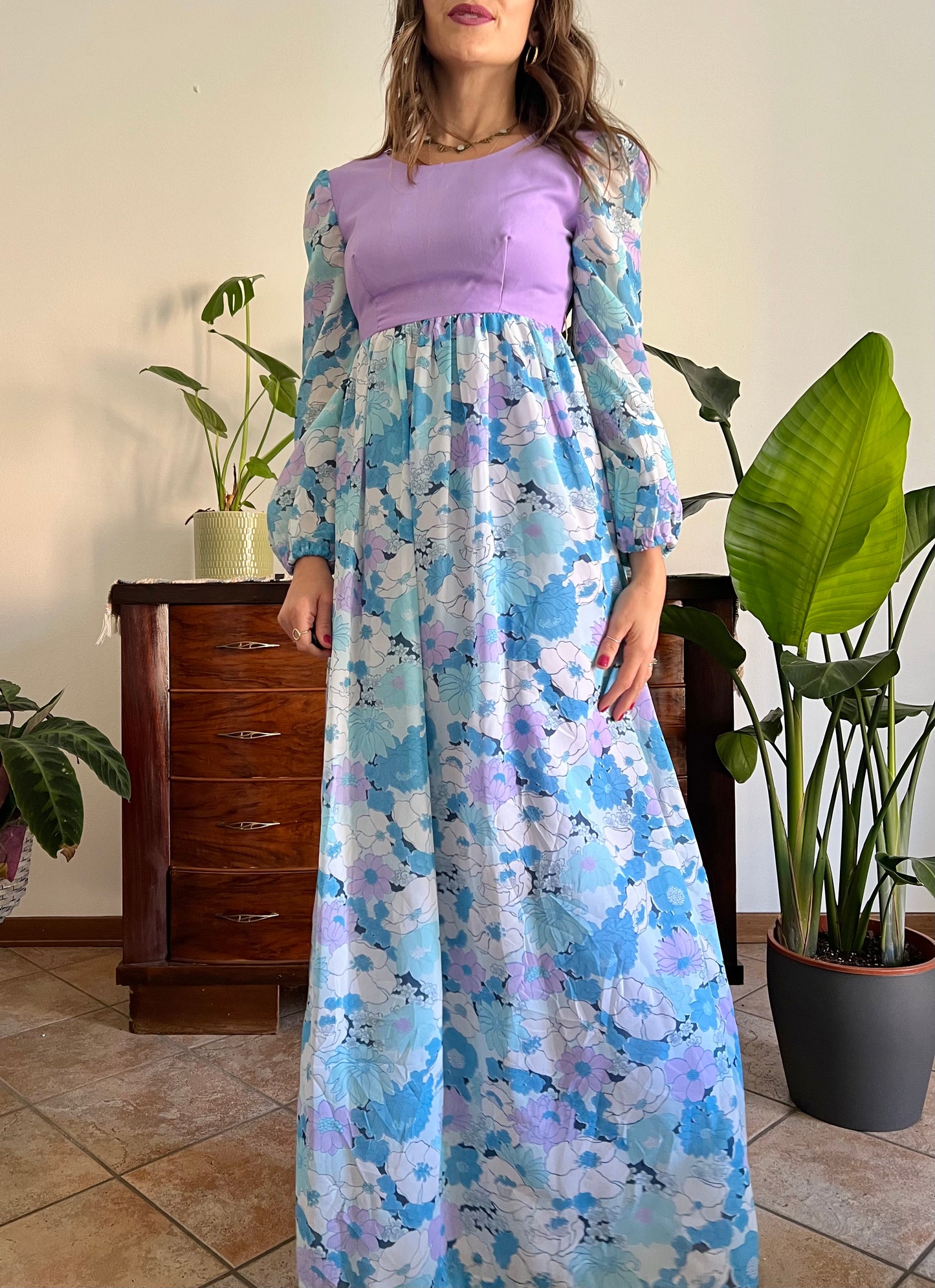 1970's vintage light blue and lilac floral print maxi dress