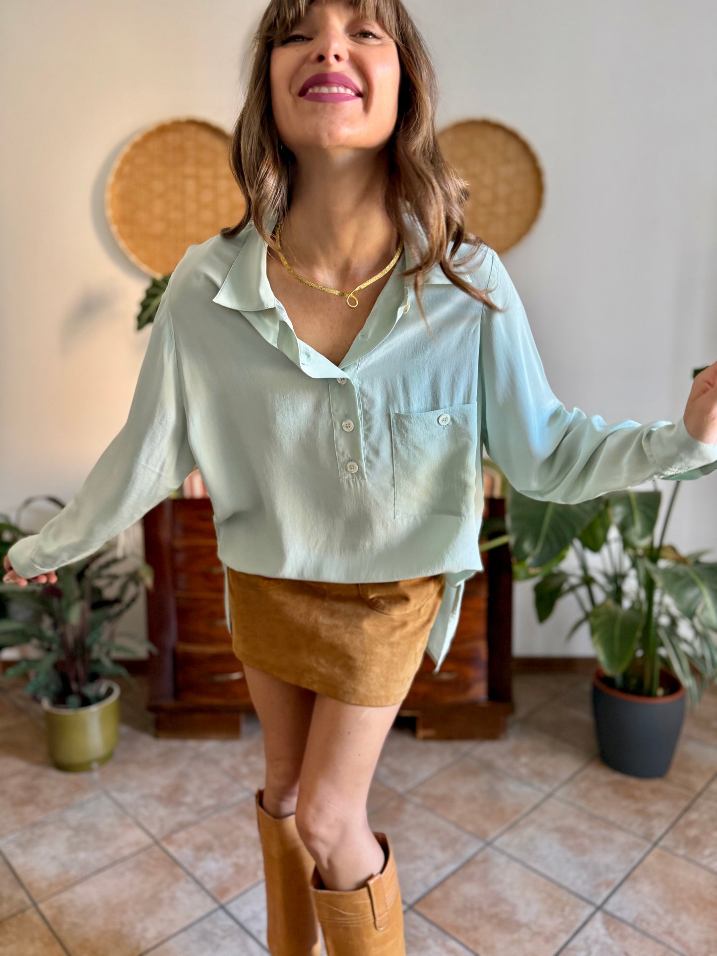 1970's vintage mint green silk blouse with mother of pearl buttons
