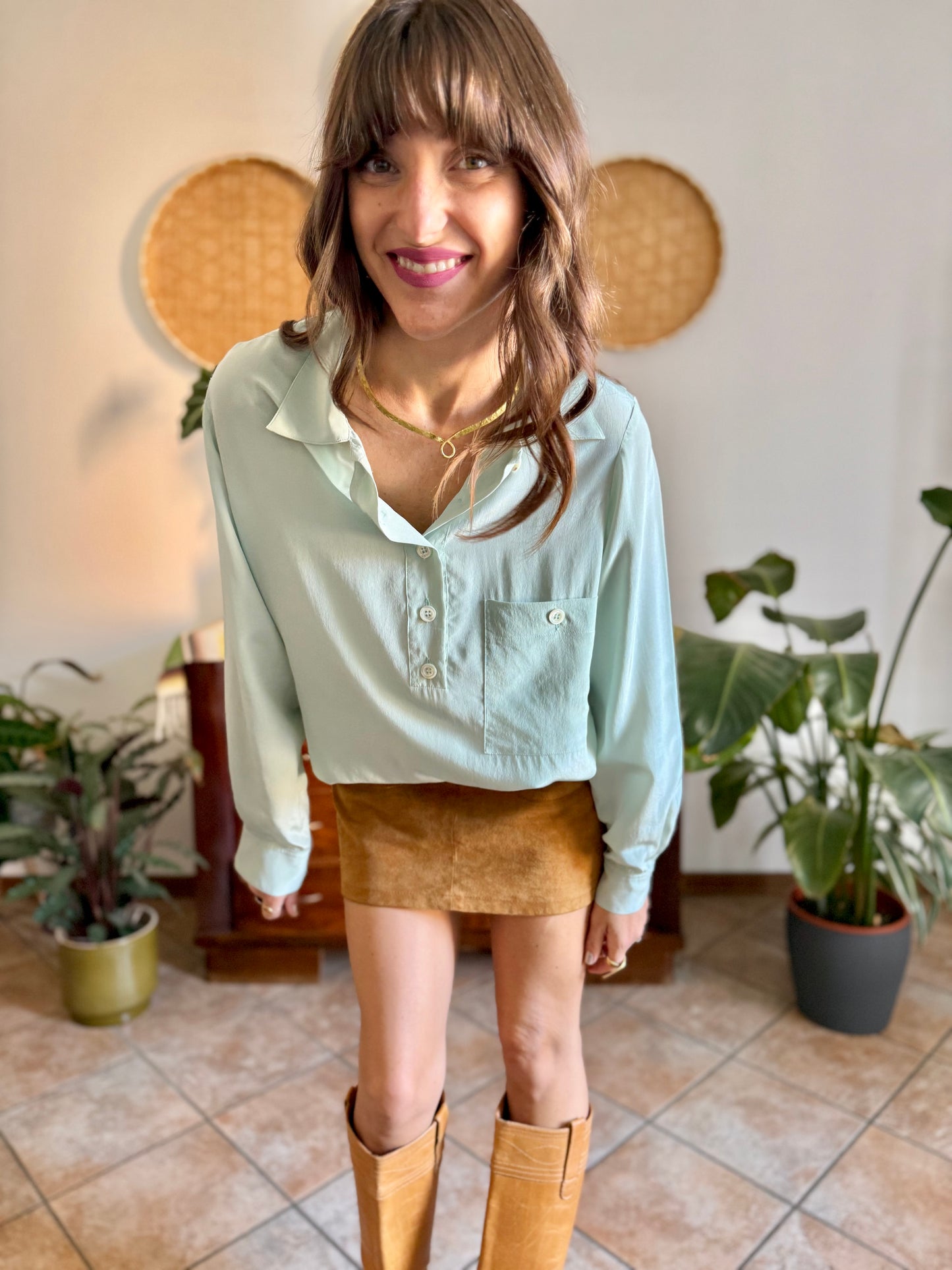 1970's vintage mint green silk blouse with mother of pearl buttons