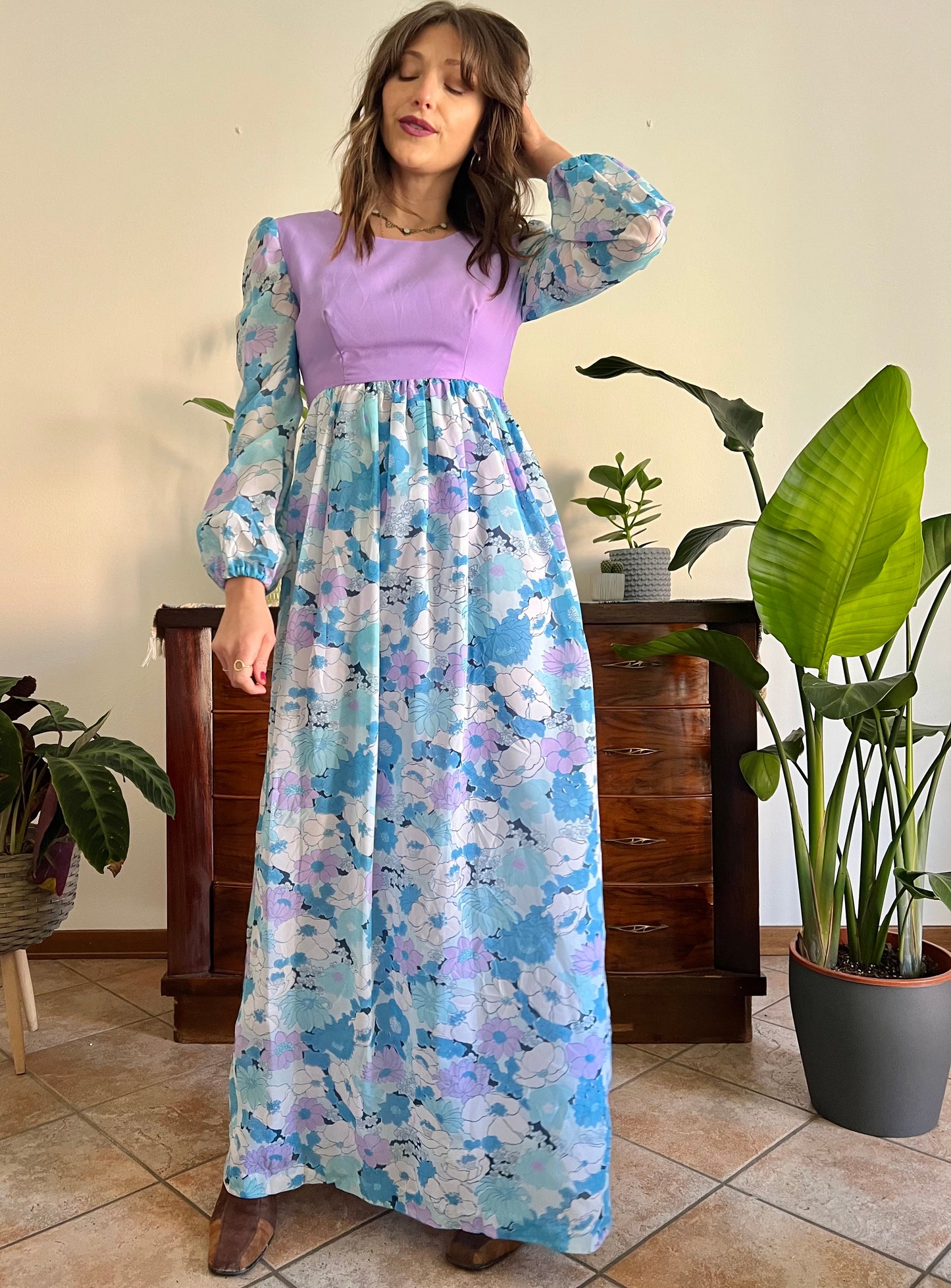 1970's vintage light blue and lilac floral print maxi dress