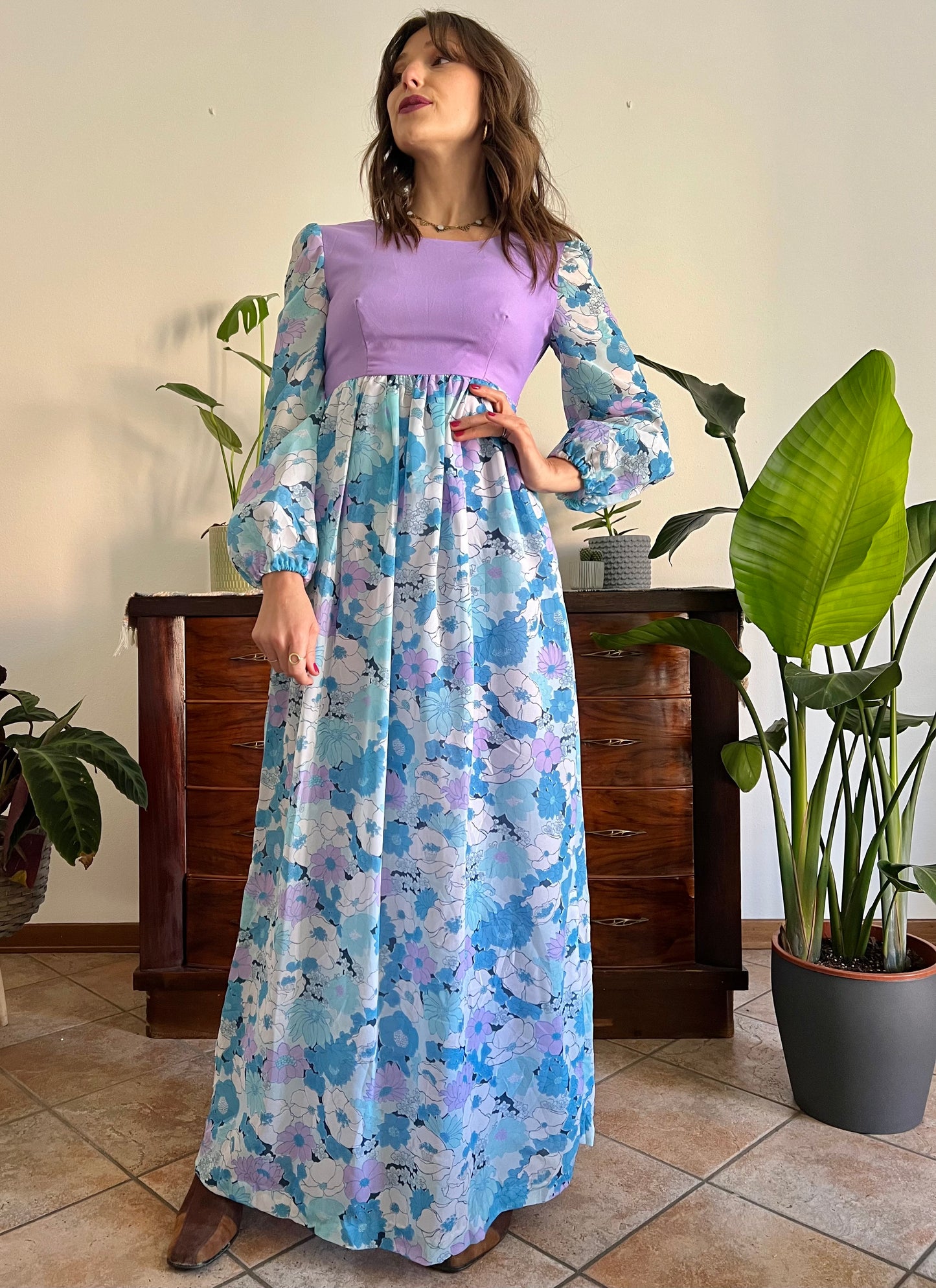 1970's vintage light blue and lilac floral print maxi dress