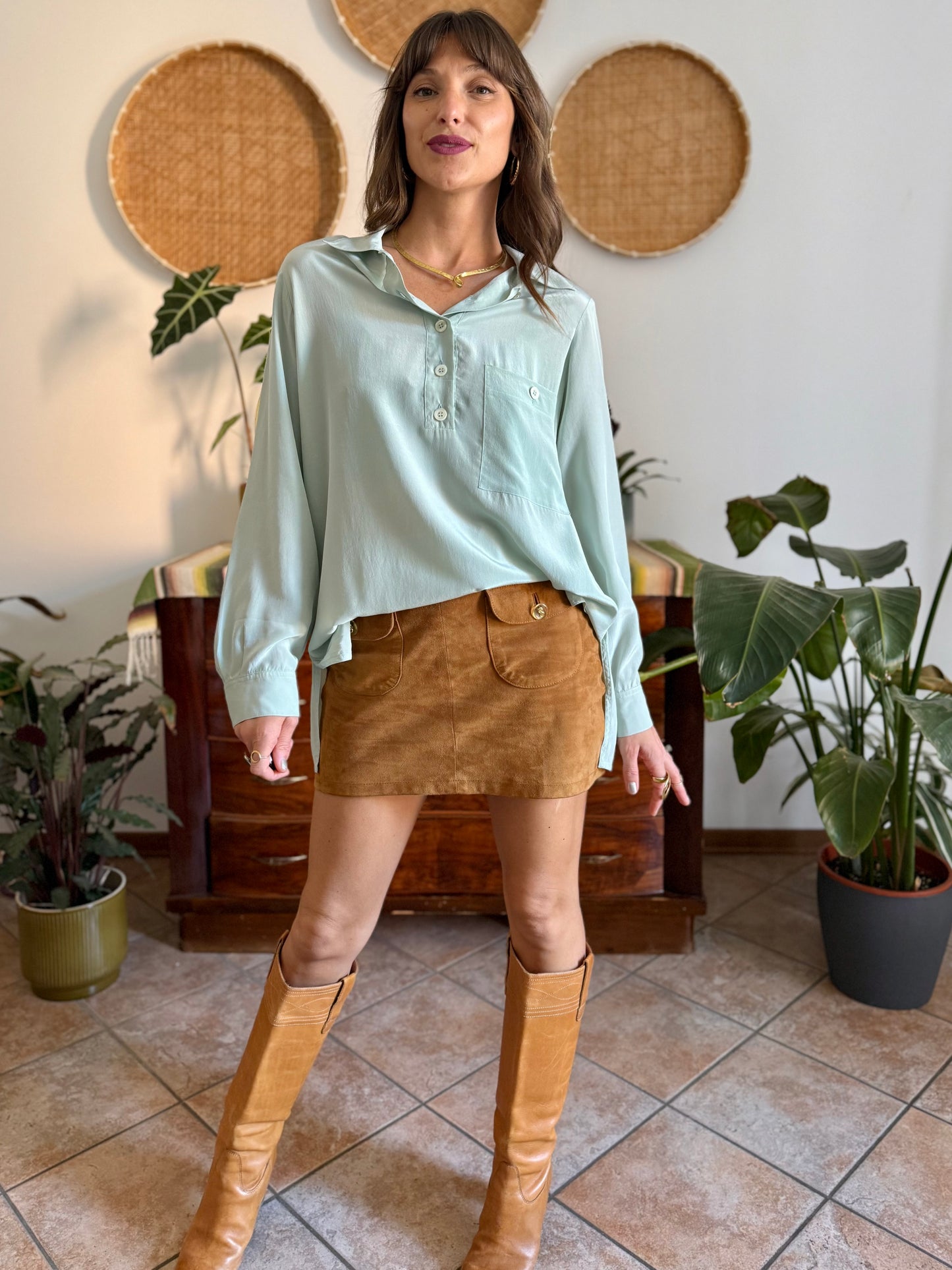 1970's vintage mint green silk blouse with mother of pearl buttons