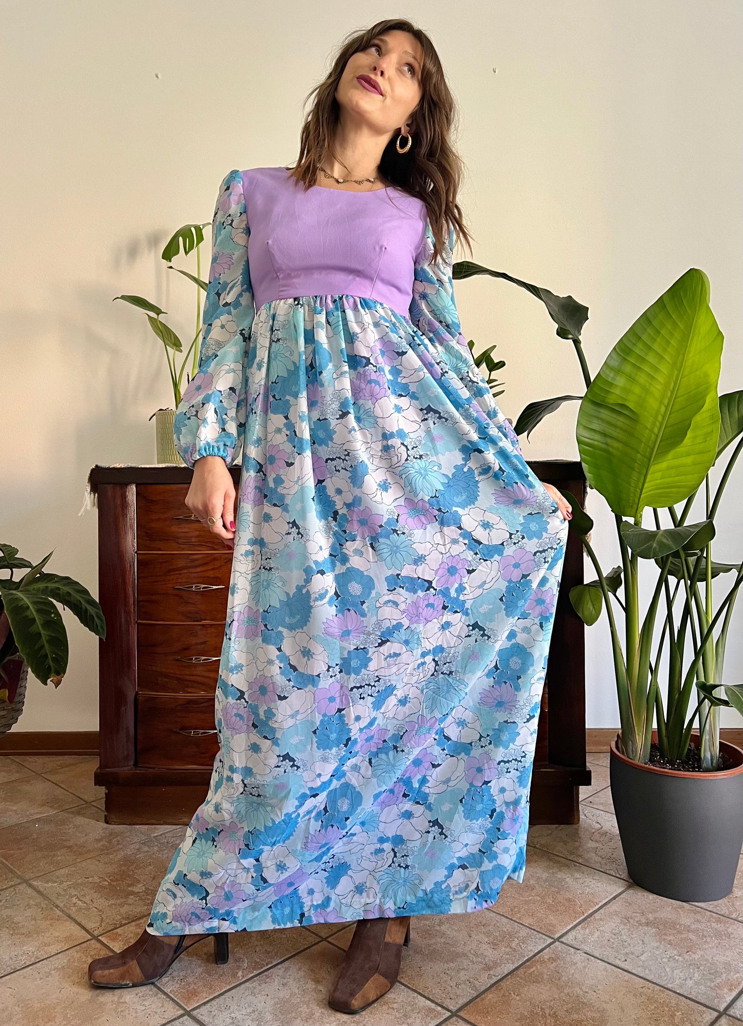 1970's vintage light blue and lilac floral print maxi dress