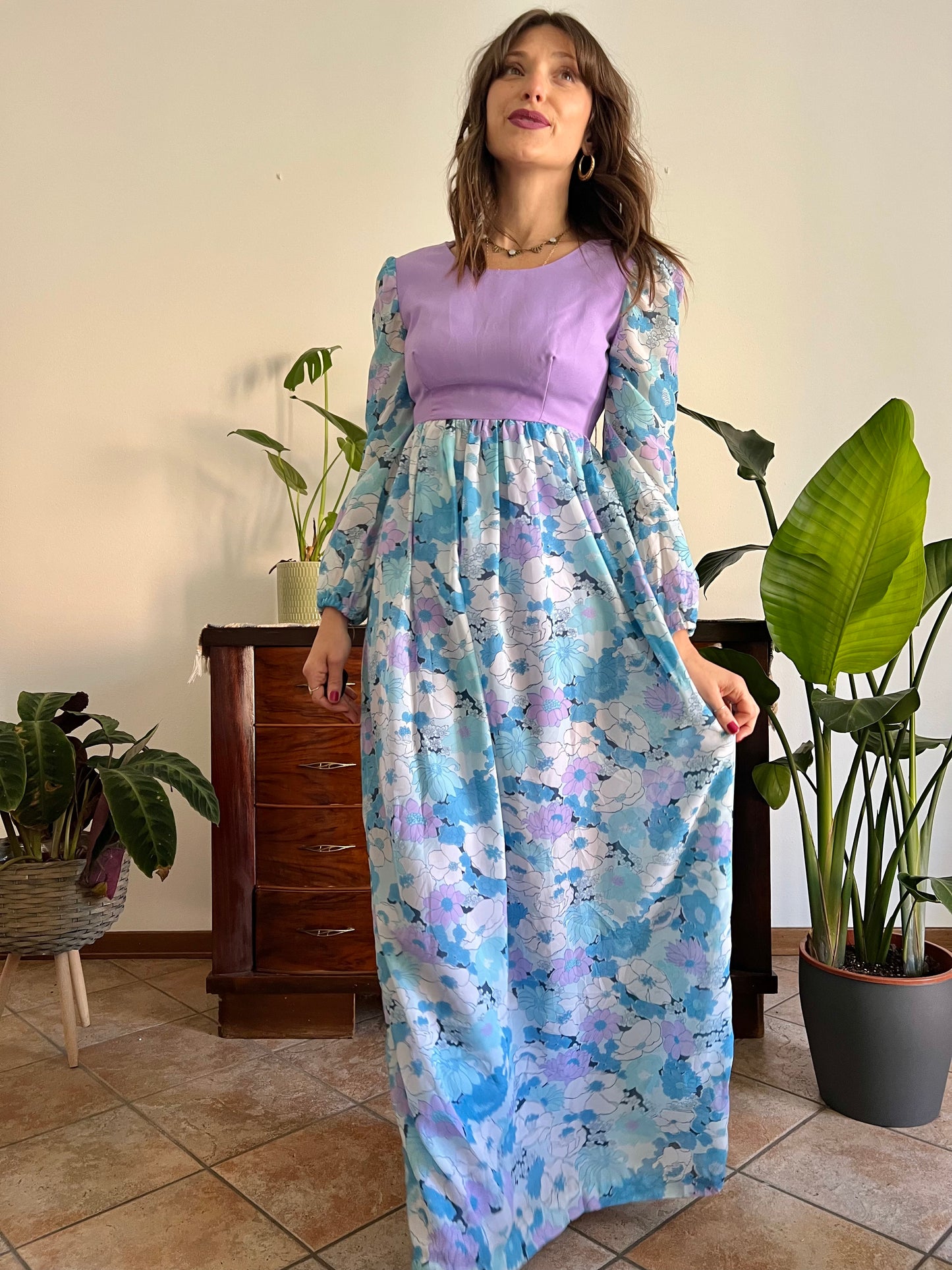 1970's vintage light blue and lilac floral print maxi dress