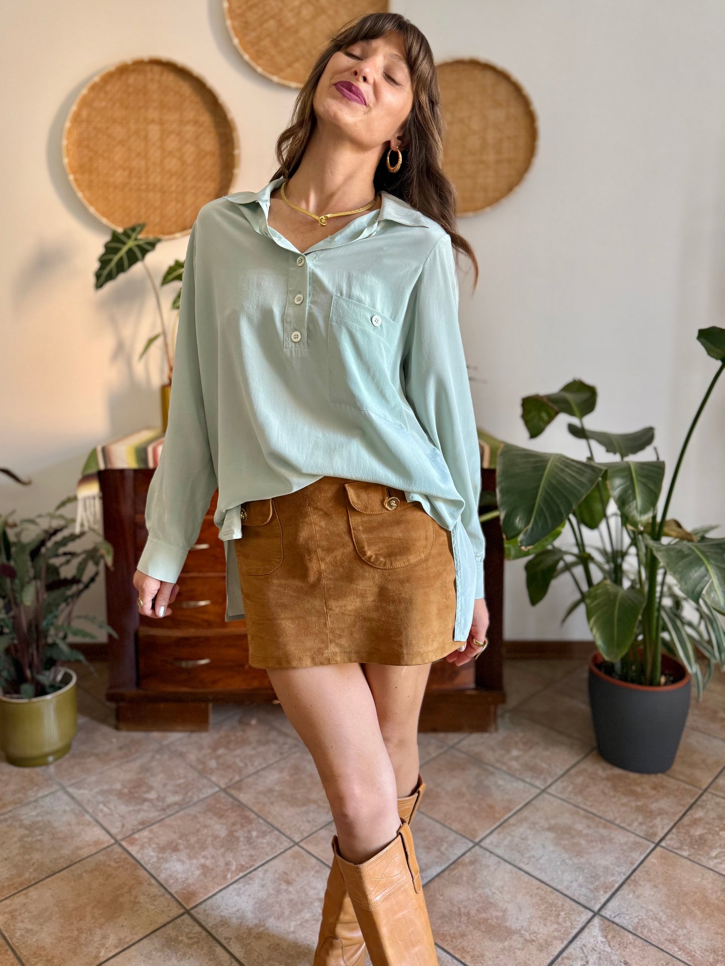 1970's vintage mint green silk blouse with mother of pearl buttons