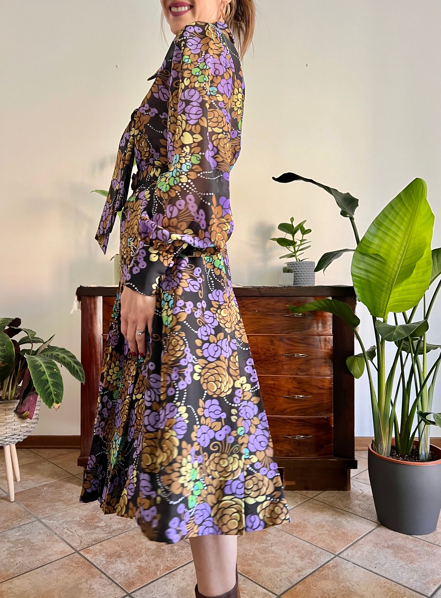 1970's vintage lavander, tan and green floral pleated midi dress with matching belt