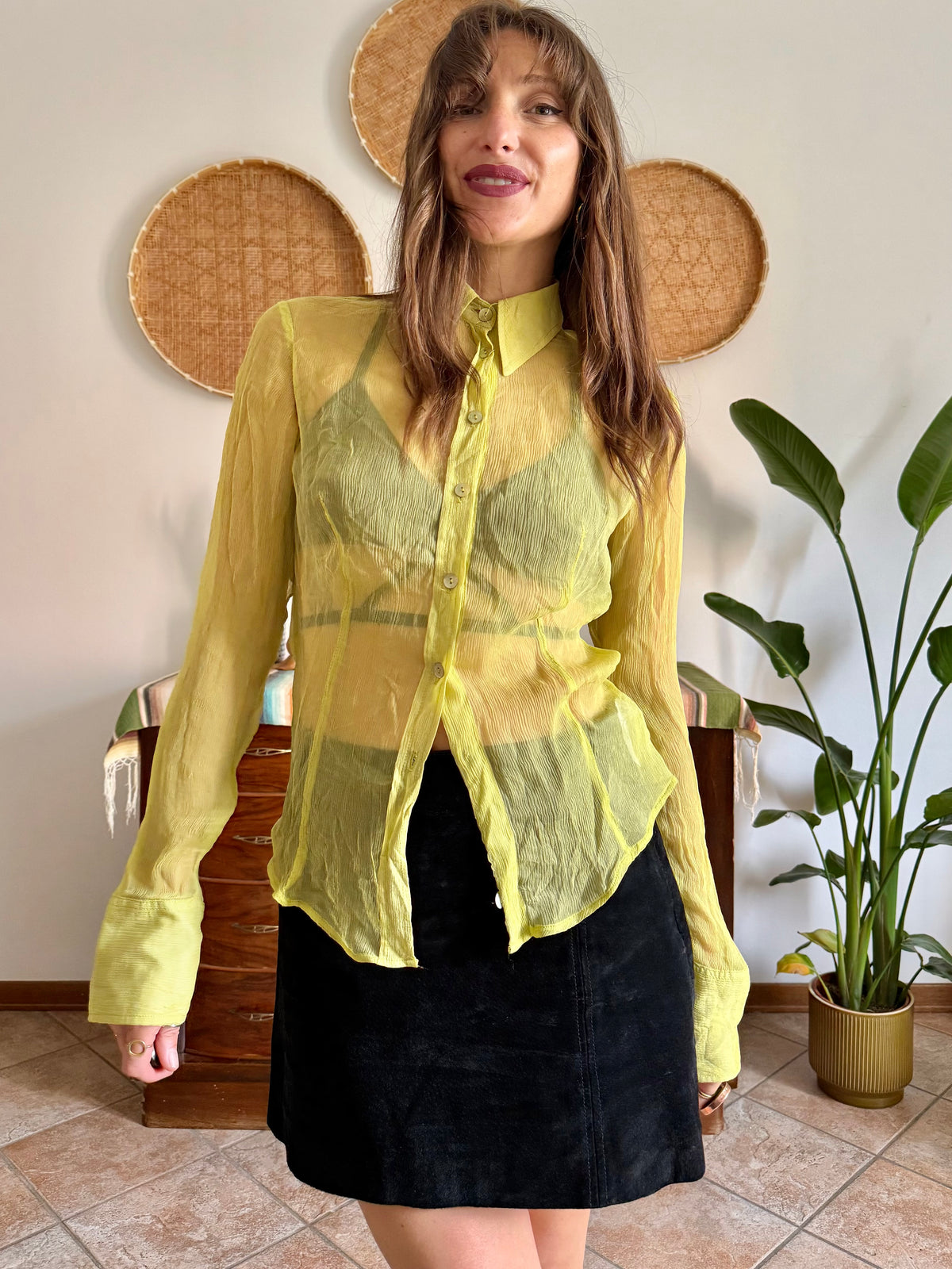 1990’s vintage chartreuse sheer textured silk blouse with mother of pearl buttons
