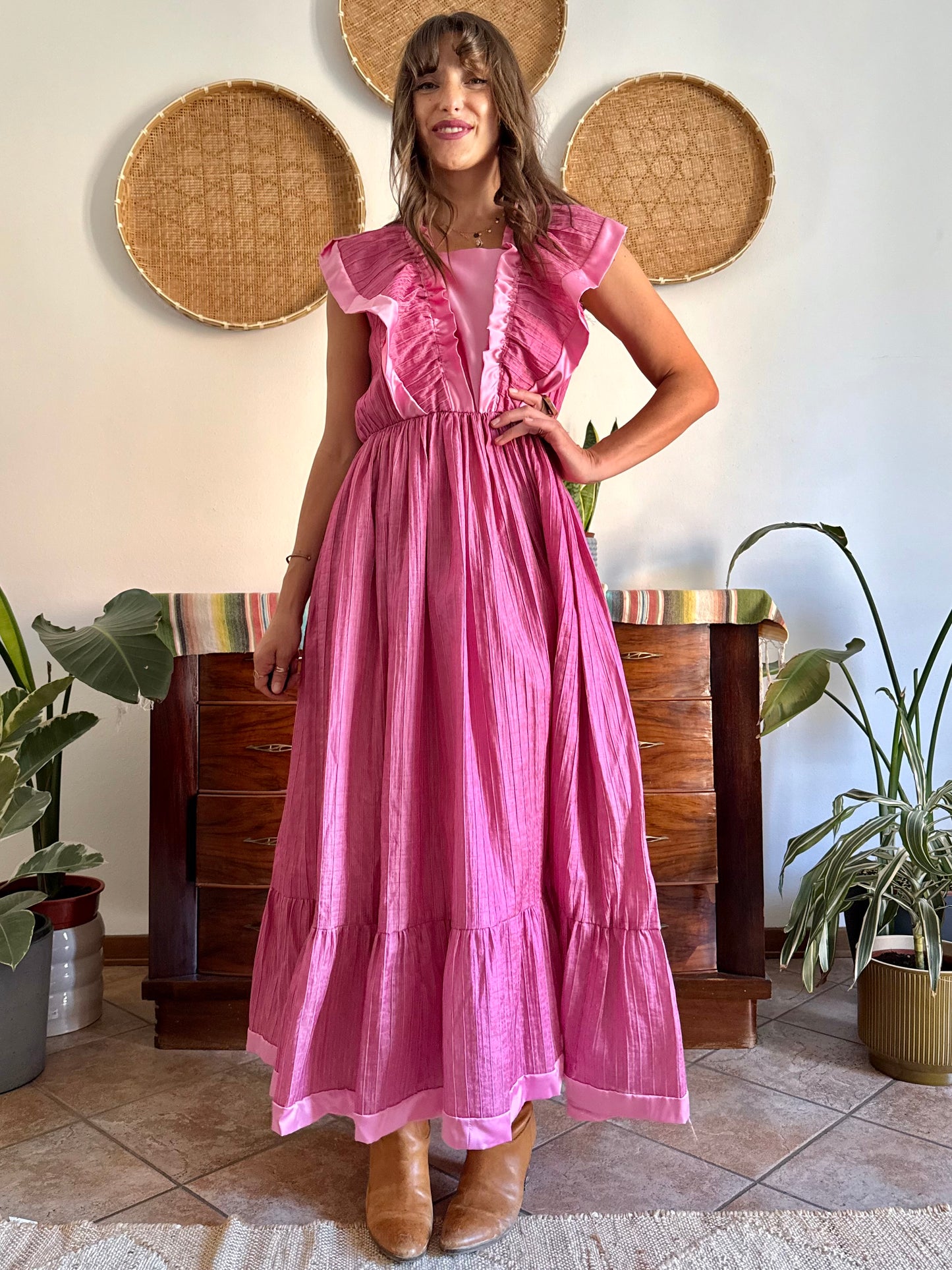 1970’s vintage metallic textured pink maxi prairie dress with satin ruffle details
